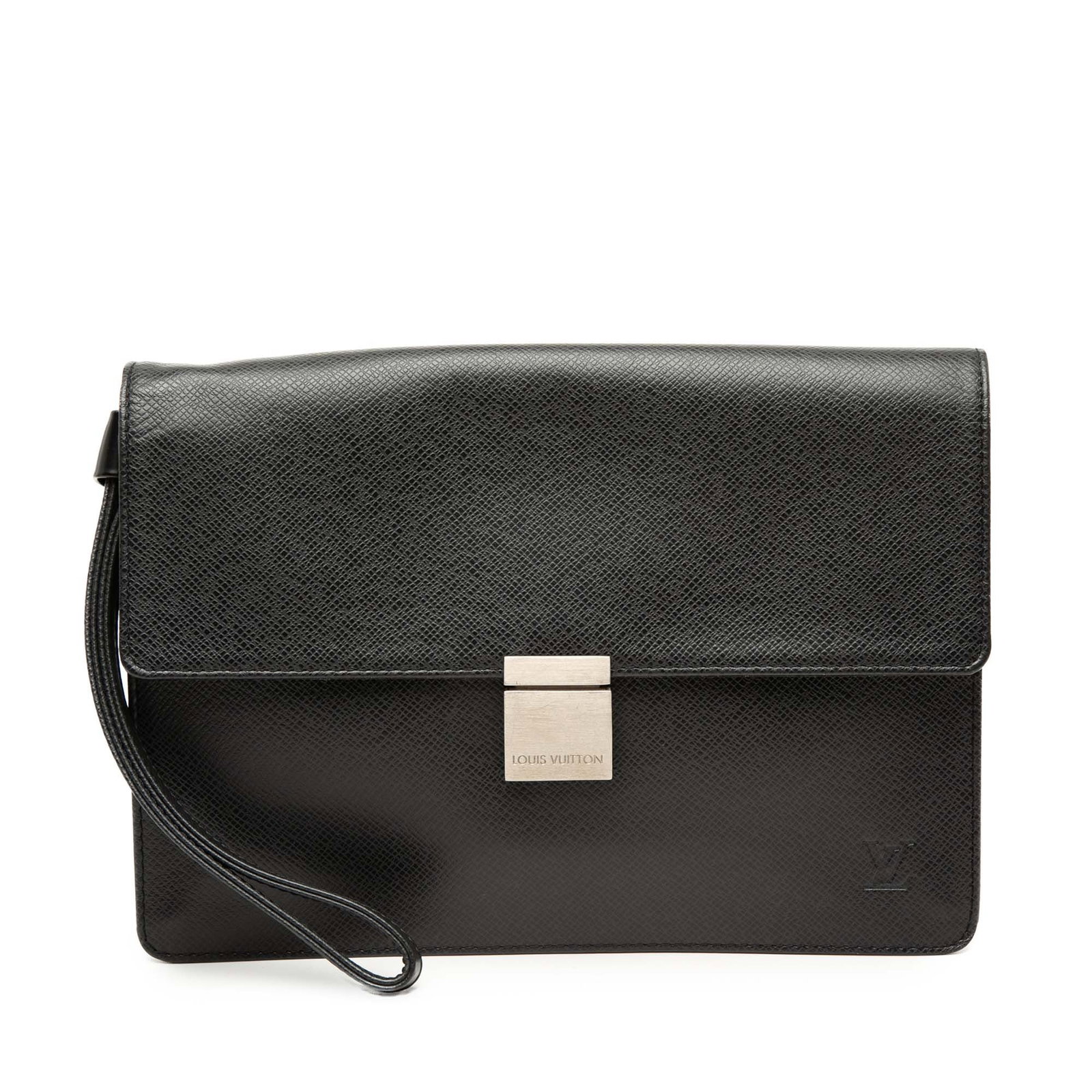 Louis Vuitton Taiga Selenga leather wristlet bag with dust bag: Louis Vuitton Taiga Selenga leather wristlet bag with dust bag Louis Vuitton Taiga Selenga bag crafted in taiga leather with a flat leather wrist strap and a front flap with push-lock closure. The