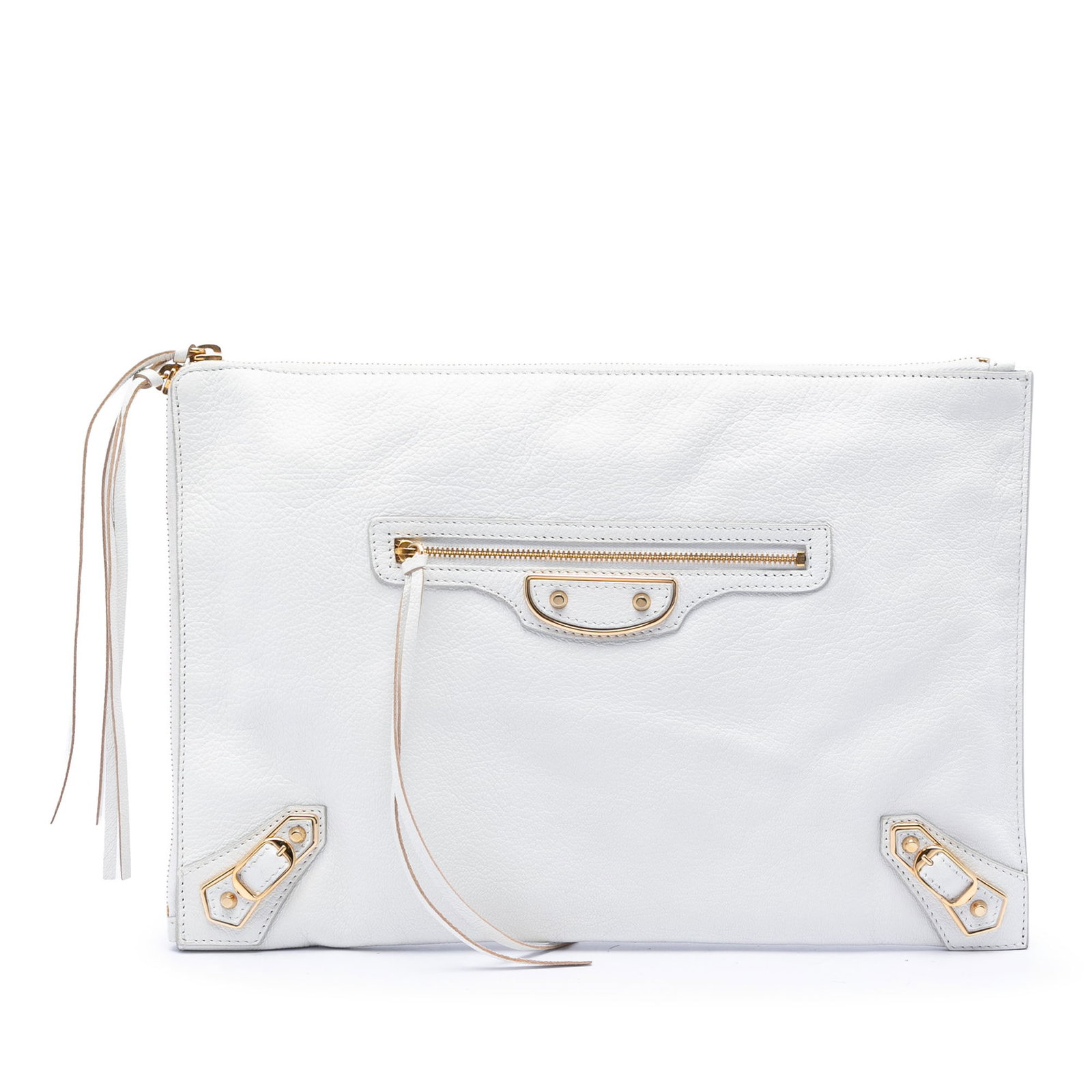Balenciaga Metallic Edge Classic Motocross Goatskin Leather Clutch: Balenciaga Metallic Edge Classic Motocross Goatskin Leather Clutch Balenciaga Goatskin Motocross Classic Metallic Edge Clutch in white goatskin leather. This clutch features a zip-around closure, an