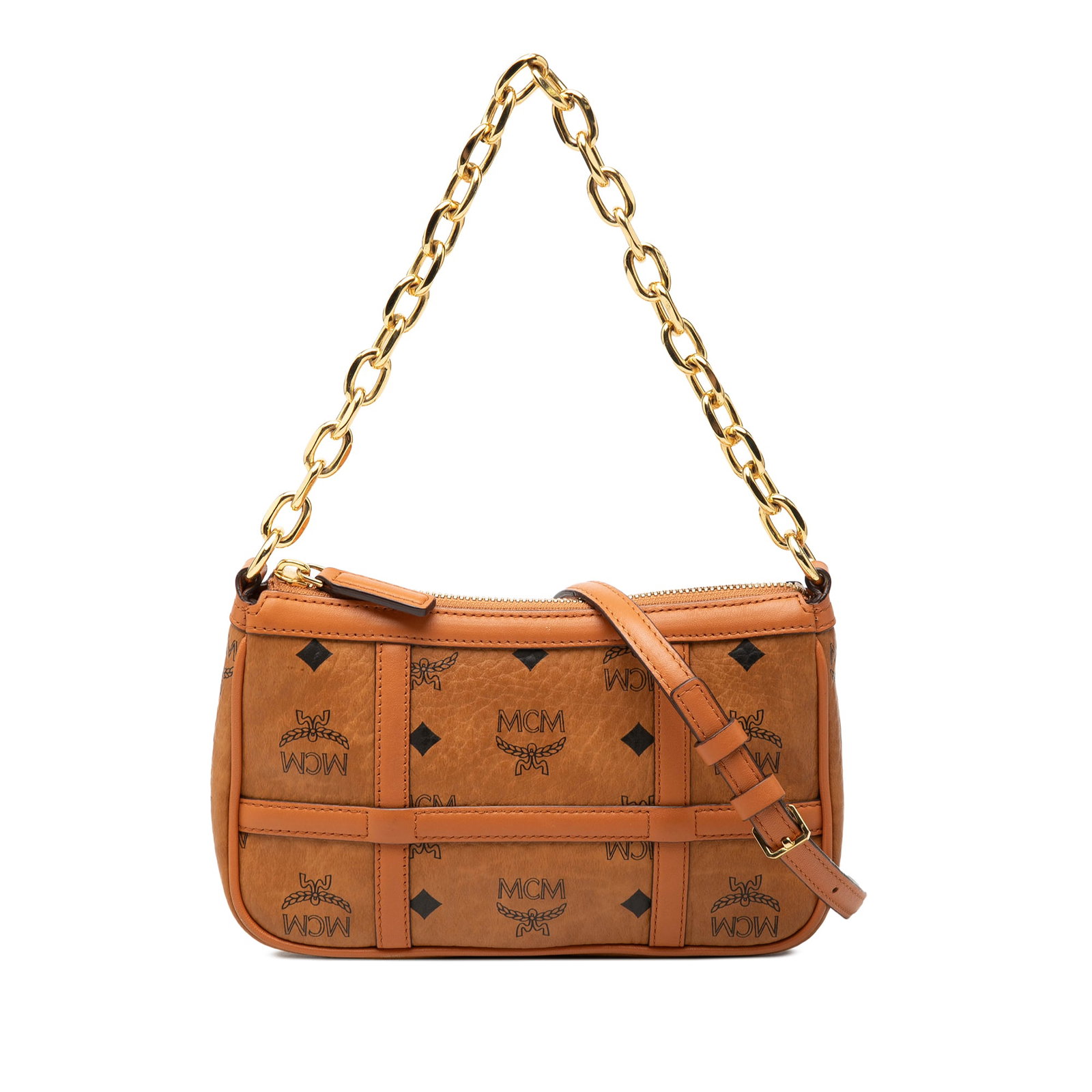 MCM Delmy Mini Visetos Chain Satchel in Coated Canvas: MCM Delmy Mini Visetos Chain Satchel in Coated Canvas MCM Mini Visetos Delmy chain satchel in coated canvas with leather trim. This compact bag features a chain link handle, a detachable flat leather 