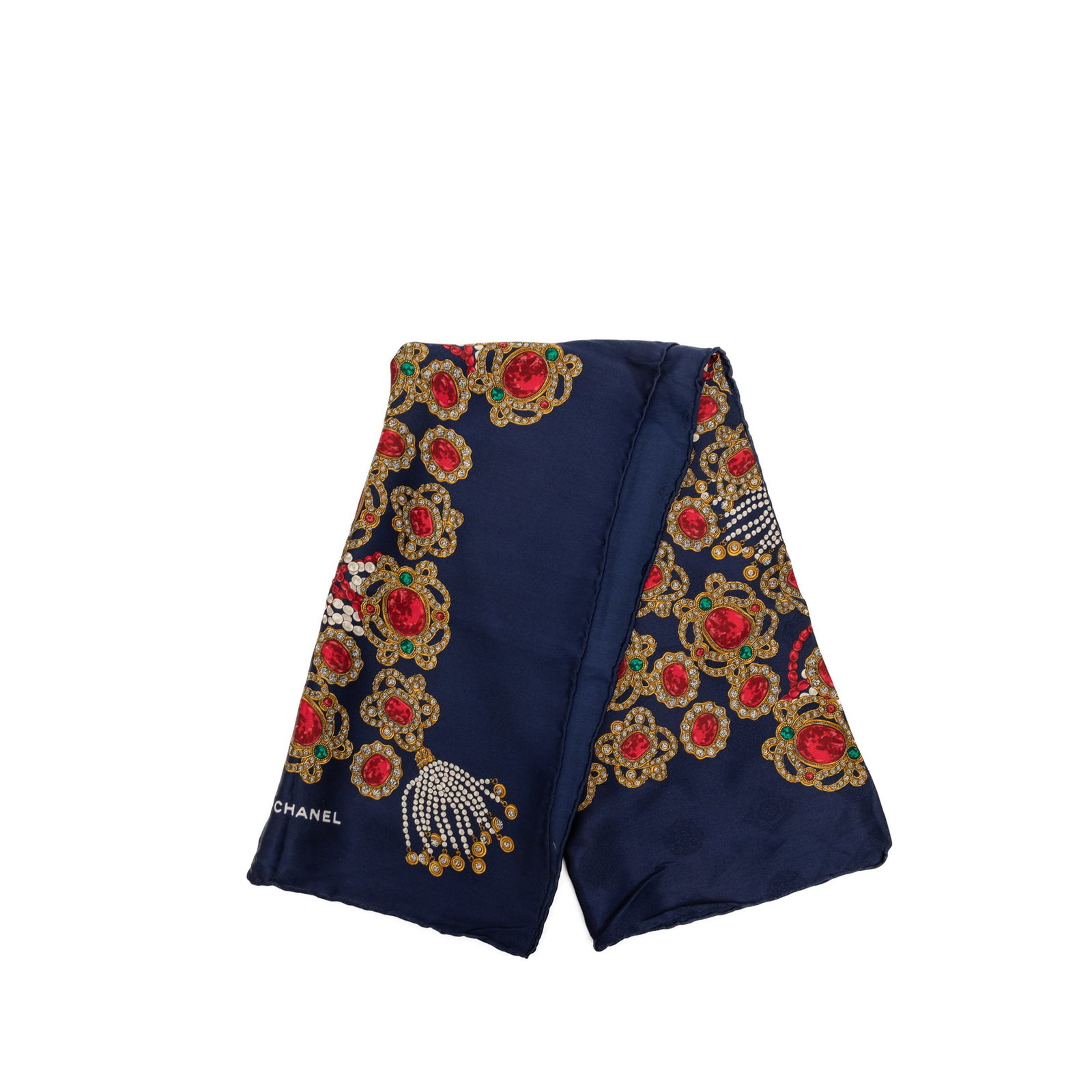 Chanel Gripoix Print 85 cm Blue Silk Scarf: Chanel Gripoix Print 85 cm Blue Silk Scarf Chanel Gripoix print silk scarf in blue. This accessory is made from 100% silk and features a printed design. Condition is B+ with staining on the exterior f
