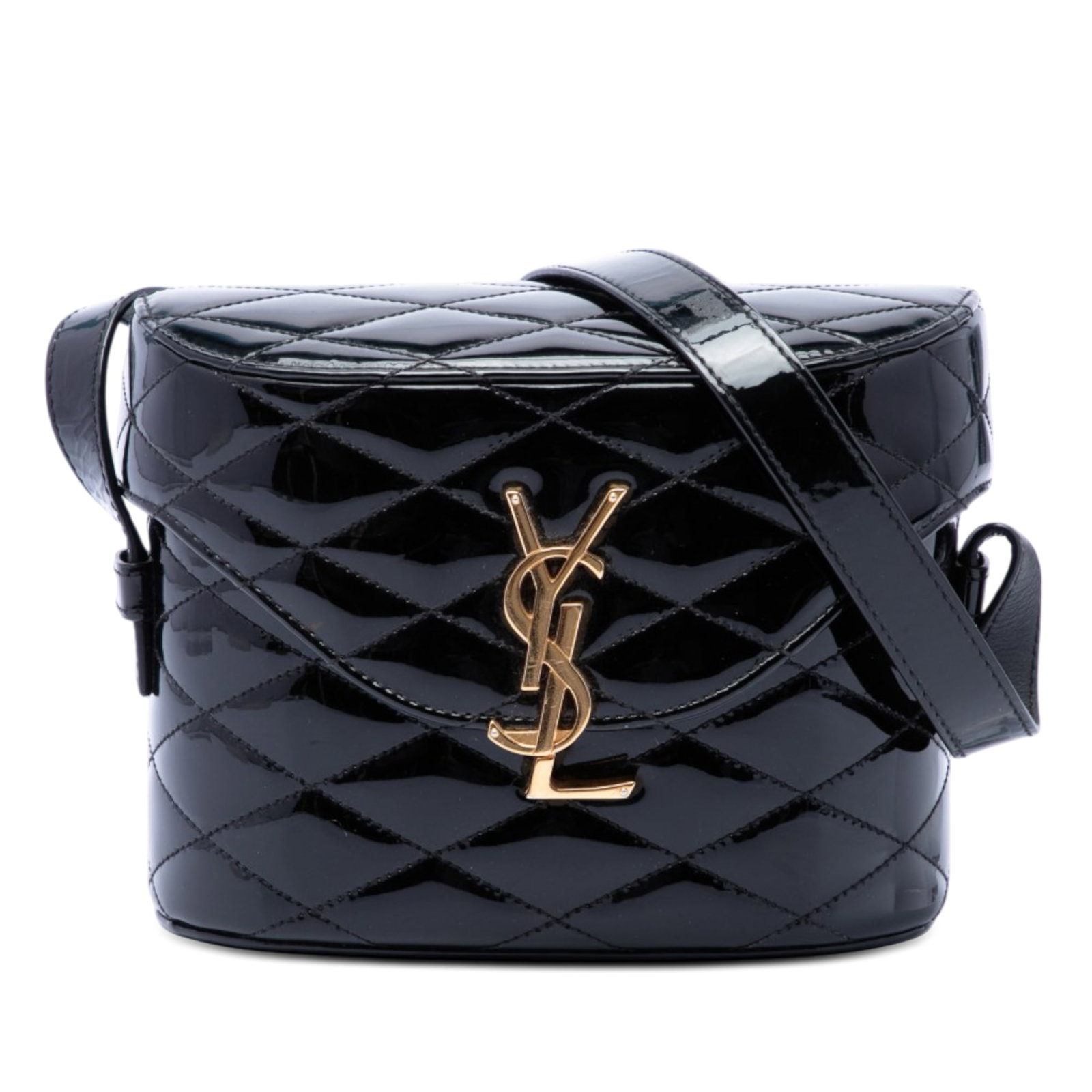 Saint Laurent June Box Monogram quilted patent leather crossbody: Saint Laurent June Box Monogram quilted patent leather crossbody Saint Laurent June Box crossbody bag in black quilted patent leather with the Monogram design. It features an adjustable flat leather s