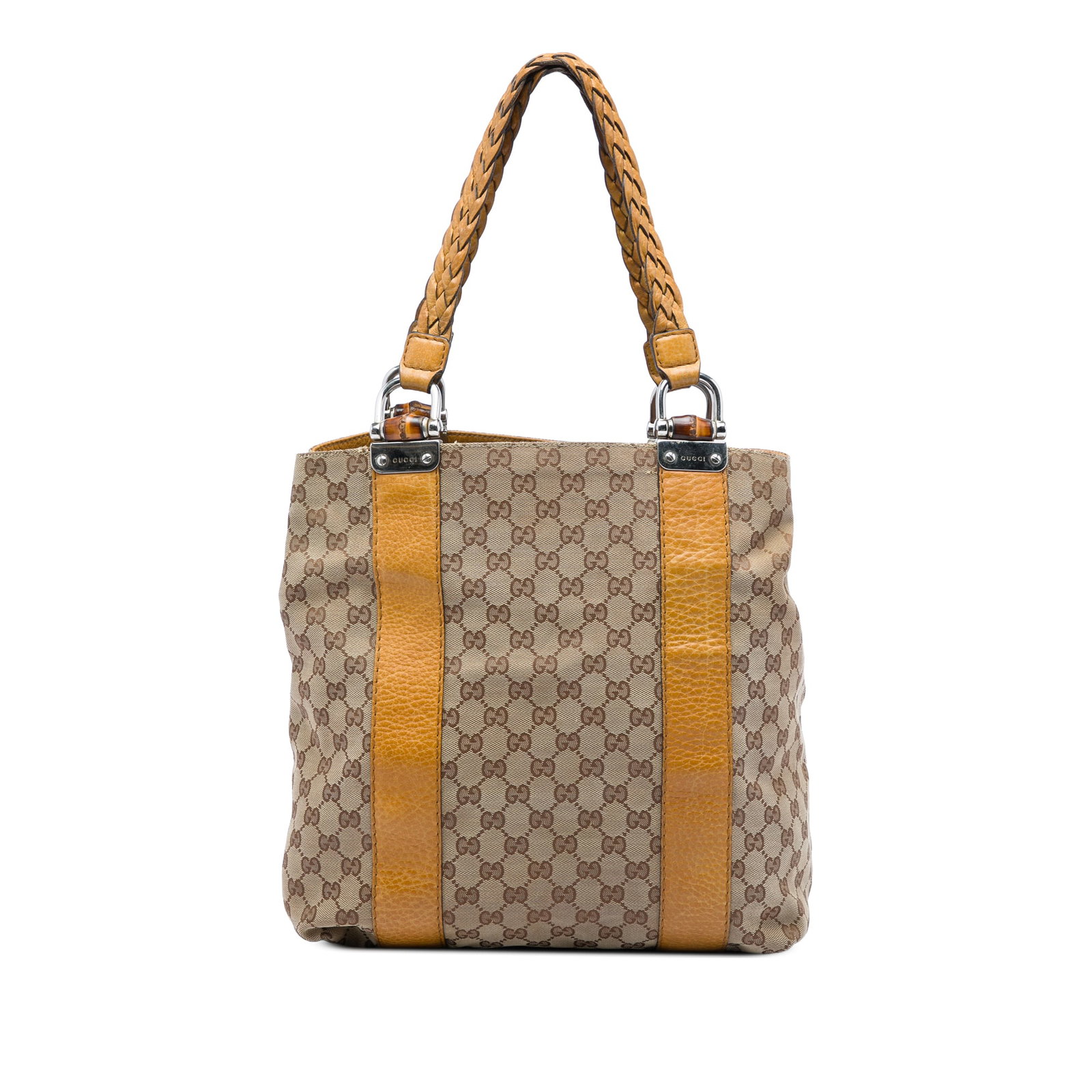 Gucci Libeccio Bamboo Tote Large GG Canvas Beige Bag: Gucci Libeccio Bamboo Tote Large GG Canvas Beige Bag Gucci Large GG Canvas Bamboo Libeccio Tote in beige fabric with leather trim. This tote features flat braided straps, an open top, an interior zip 