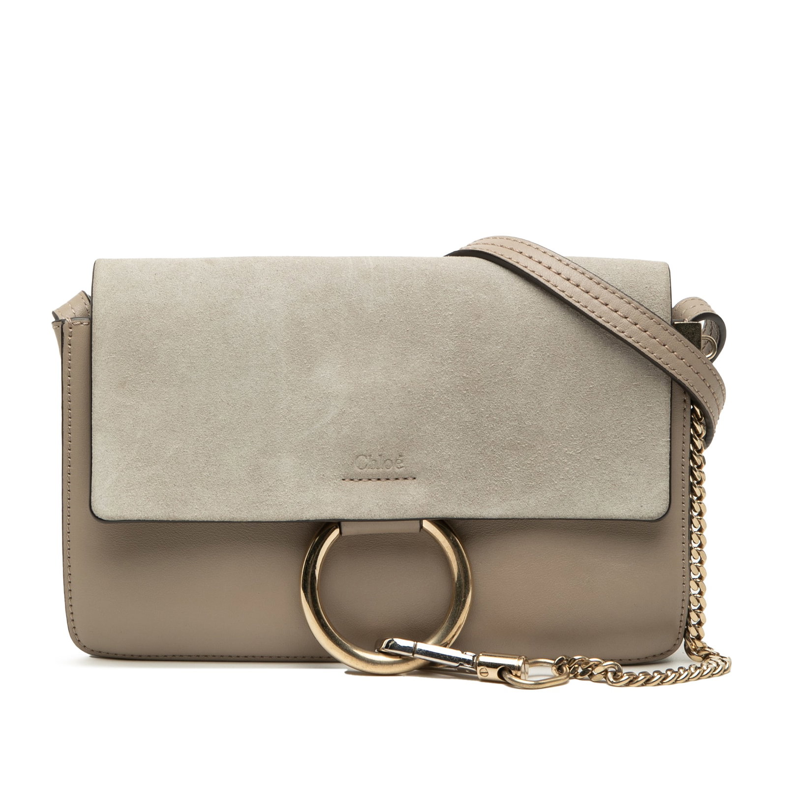 Chloe Faye Small Crossbody Bag in Suede and Calfskin: Chloe Faye Small Crossbody Bag in Suede and Calfskin Chloe Small Suede and Calfskin Faye Crossbody in brown with a calf leather body, suede top flap, and signature hook detail. The bag features an adj