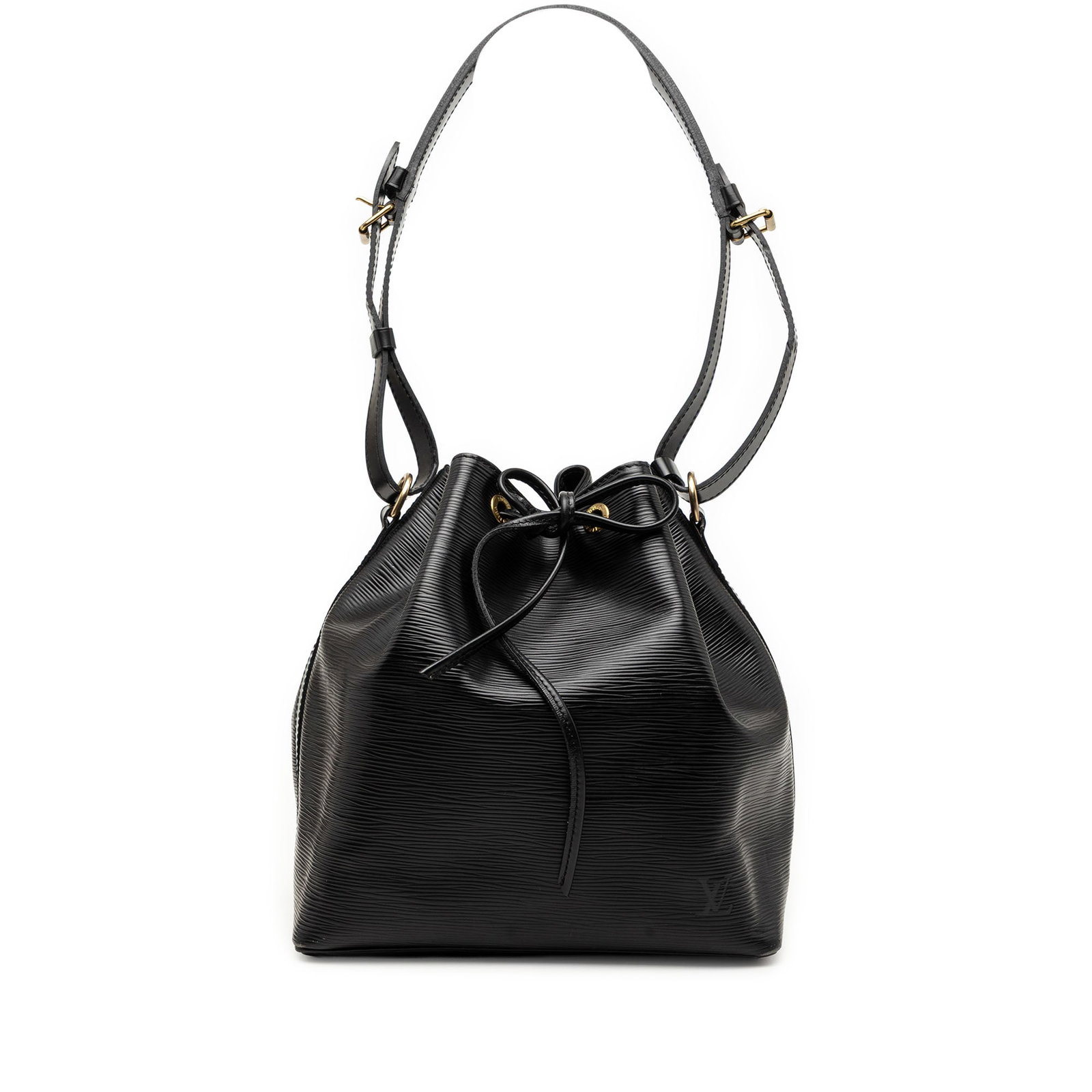 Louis Vuitton Petit Noe Epi Leather Shoulder Bag Black: Louis Vuitton Petit Noe Epi Leather Shoulder Bag Black Louis Vuitton Epi Petit Noe bag in black leather, made in France. It features an adjustable flat shoulder strap, drawstring closure, and an inter