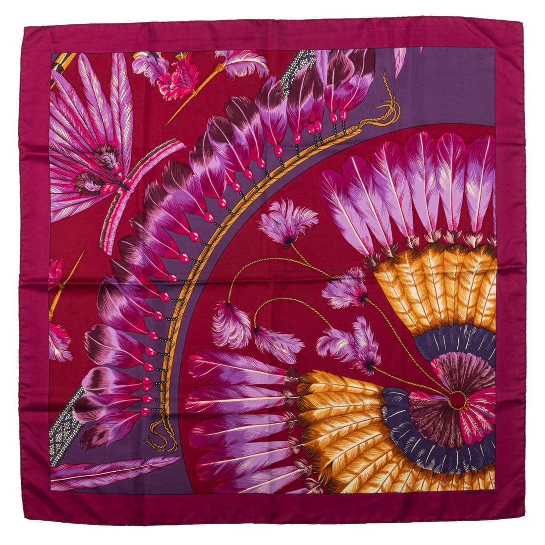 Hermes Brazil Design Purple Burgundy Silk Scarf 35in Collectible: Hermes Brazil Design Purple Burgundy Silk Scarf 35in Collectible This exquisite Hermes silk scarf features a stunning Brazil design in a vibrant mix of purple and burgundy hues. Crafted from luxurious