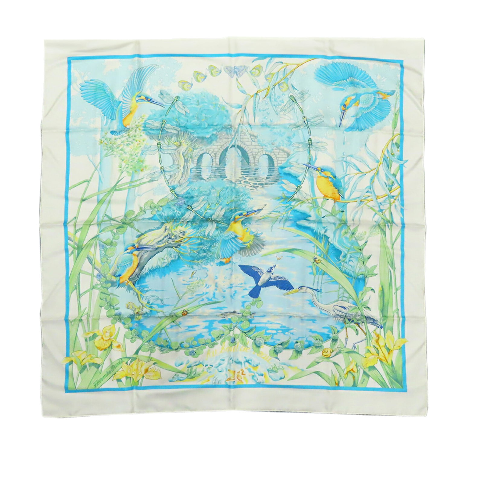 Hermes Au Bord Leau 90 White Silk Scarf: Hermes Au Bord Leau 90 White Silk Scarf Hermes Au Bord Leau Silk Scarf 90 in white with printed design on silk. Includes box. Condition is B+ with staining to the back, and creasing, discoloration, an