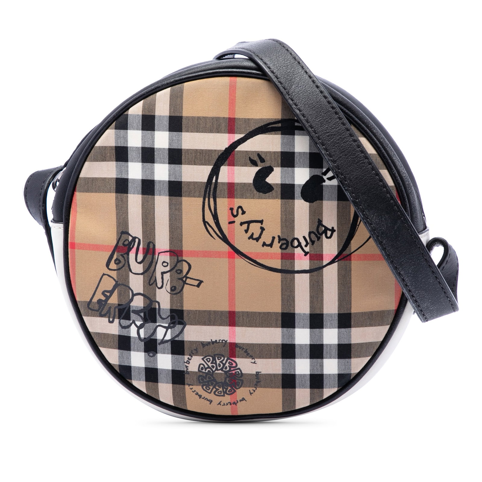 Burberry Cartoon House Check Round Crossbody Bag Beige Canvas: Burberry Cartoon House Check Round Crossbody Bag Beige Canvas Burberry Cartoon House Check Round Crossbody bag in beige fabric with leather trim. This round crossbody design features an adjustable fla