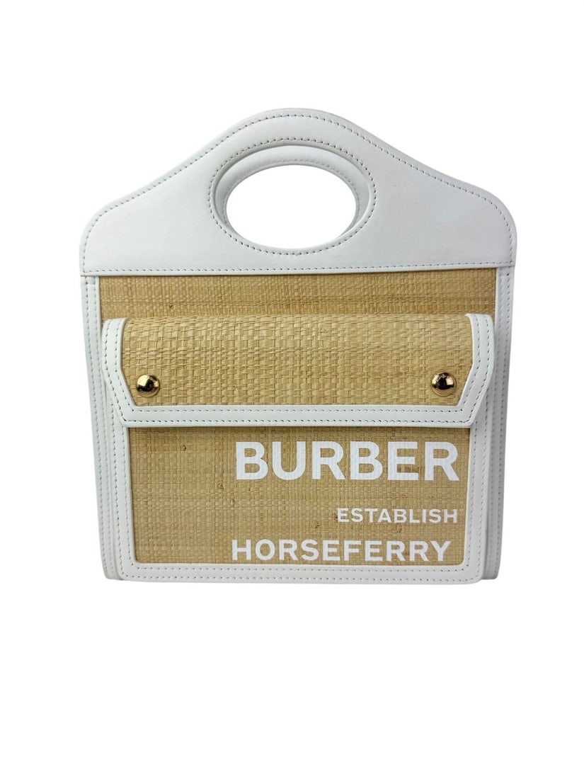 Burberry Raffia Mini Pocket Shoulder Bag White Leather Trim: Burberry Raffia Mini Pocket Shoulder Bag White Leather Trim Pre-owned Burberry Raffia Mini Pocket Bag in white and natural raffia. This women's shoulder bag features a trapezoid shape with an open top