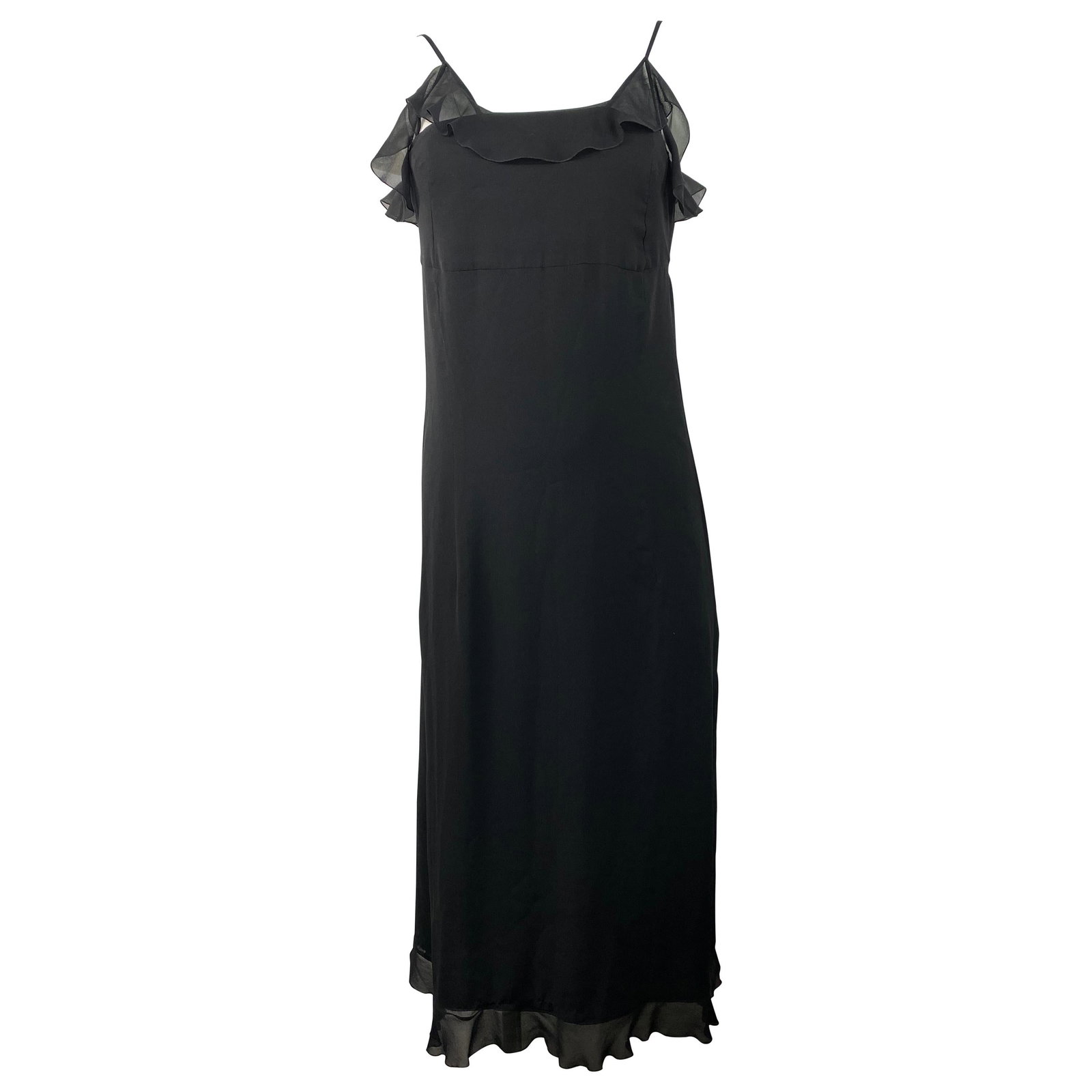 Chanel Boutique Size 38 Black Silk Slip Dress: Chanel Boutique Size 38 Black Silk Slip Dress A black silk slip dress from Chanel Boutique, featuring spaghetti straps, a mid-length silhouette, ruffled detail, a slit at the back, and a rear button c