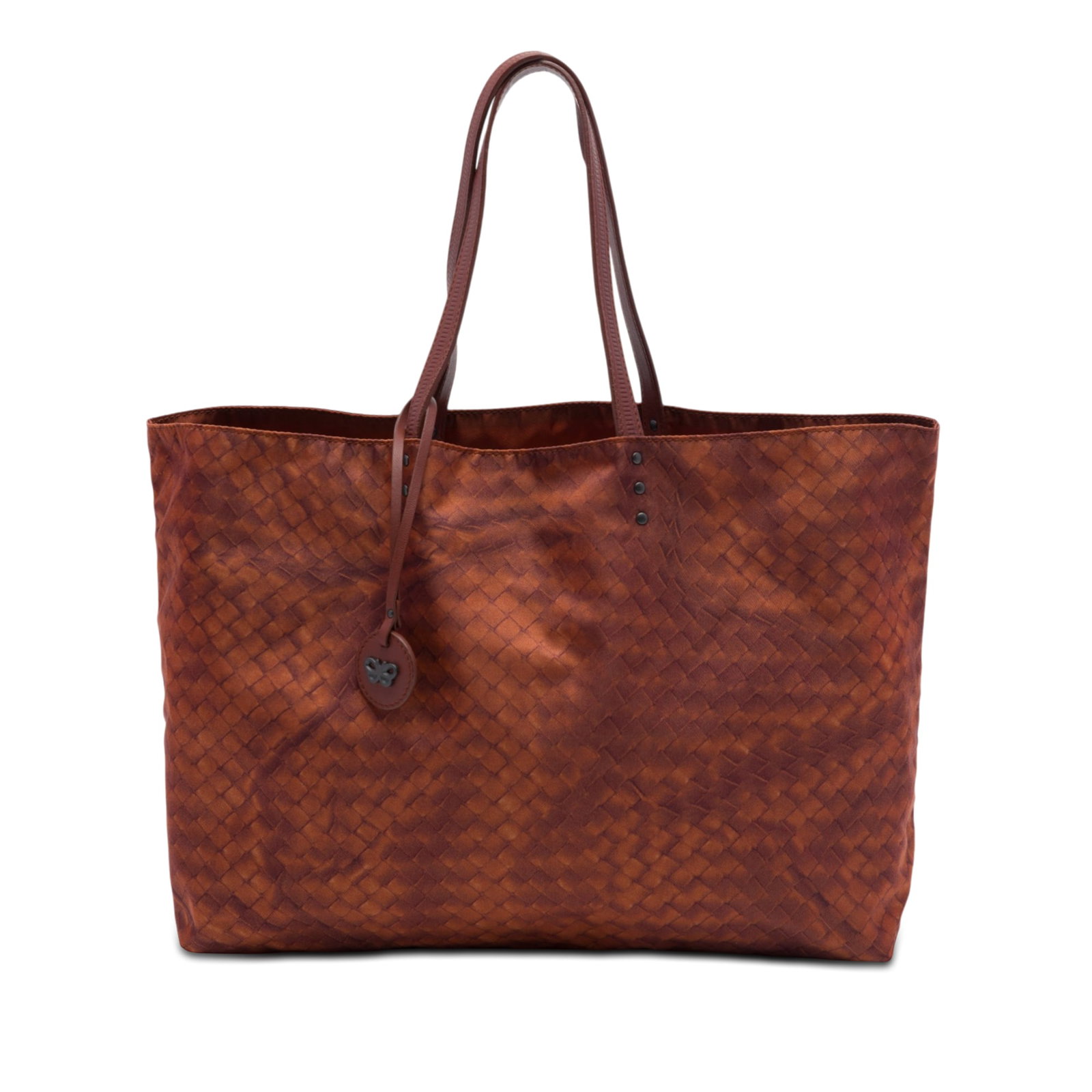 Bottega Veneta Intrecciolusion Nylon Tote Bag Brown: Bottega Veneta Intrecciolusion Nylon Tote Bag Brown Bottega Veneta Nylon Intrecciolusion tote in brown with a printed nylon body, flat leather shoulder straps, and an open top. Condition notes include
