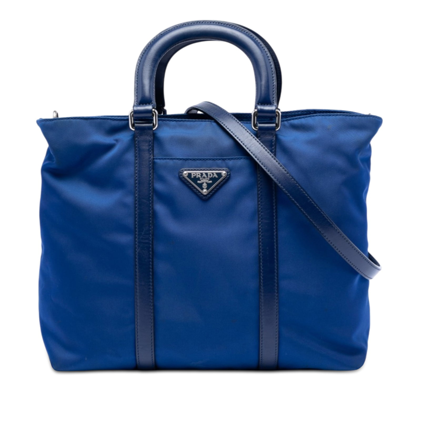 Prada Tessuto Nylon Satchel with Leather Trim and Detachable Strap: Prada Tessuto Nylon Satchel with Leather Trim and Detachable Strap This Prada Vitello Trimmed Tessuto Satchel features a blue nylon body with leather trim, flat leather handles, a detachable flat leat