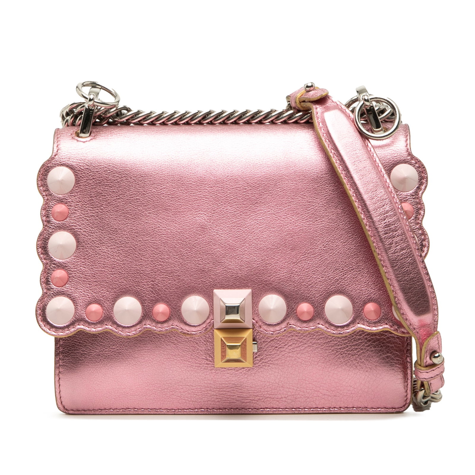 Fendi Kan I Small Pink Leather Crossbody with Studded Faux Pearls: Fendi Kan I Small Pink Leather Crossbody with Studded Faux Pearls Fendi Small Metallic Scalloped Leather Studded Pearl Kan I Crossbody bag in pink leather, made in Italy. It features faux pearl detail