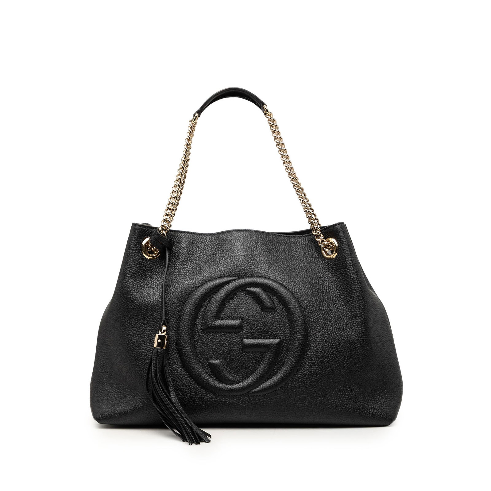 Gucci Soho Chain Tote Medium Black Calfskin Leather Bag: Gucci Soho Chain Tote Medium Black Calfskin Leather Bag Gucci Medium Calfskin Soho Chain Tote in black leather, made in Italy. This tote features chain link straps with a leather guard, tassel detail,