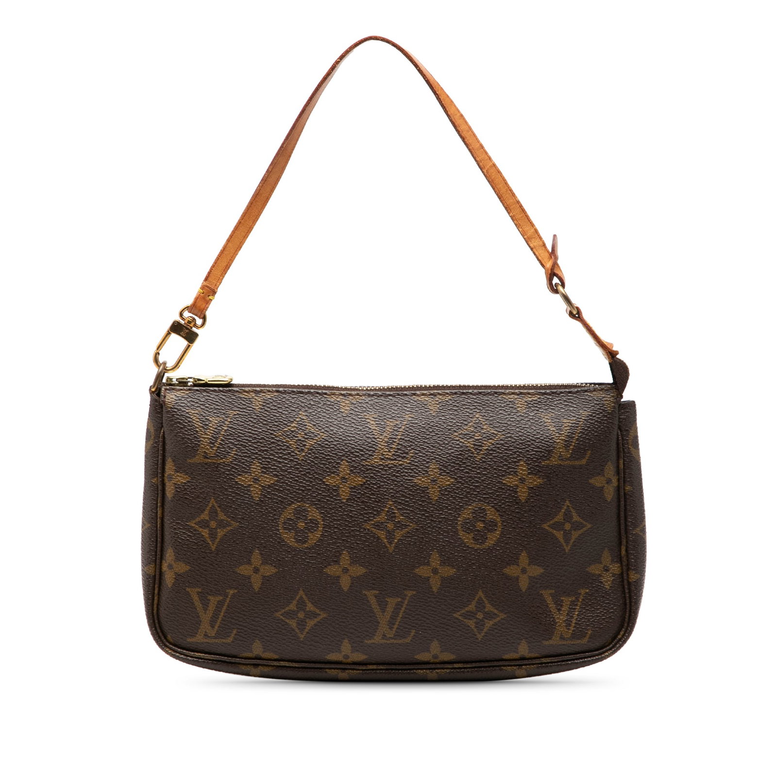 Louis Vuitton Monogram Pochette Accessoires Zip Top Handbag: Louis Vuitton Monogram Pochette Accessoires Zip Top Handbag Louis Vuitton Monogram Pochette Accessoires in brown monogram canvas with a flat vachetta leather handle and top zip closure. Made in France