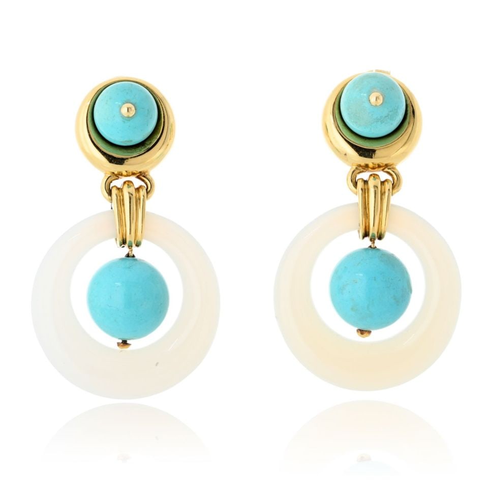 David Webb Door Knocker Clip Earrings in 18K Gold Jade Turquoise (1 of 3)