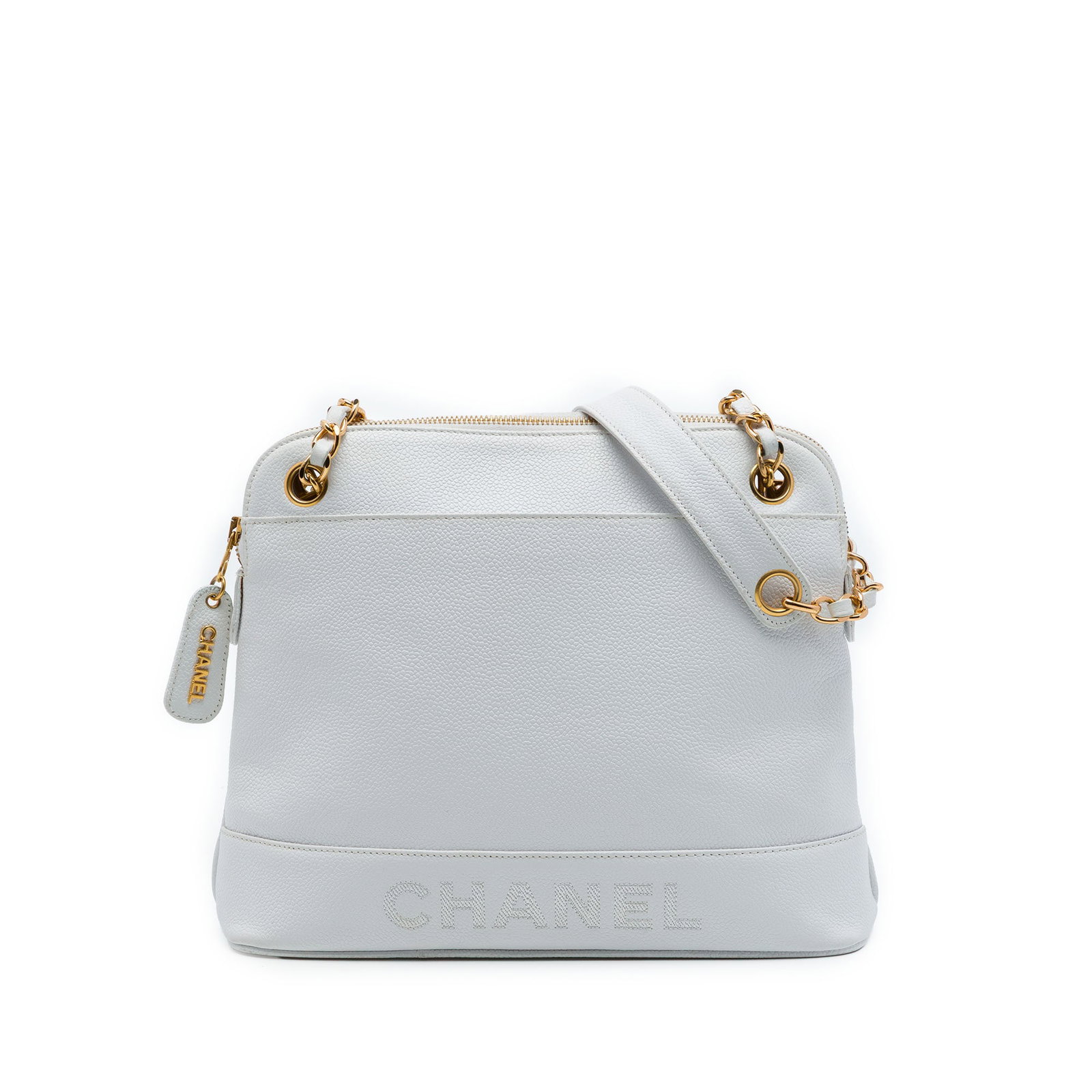 Chanel Caviar Logo Chain Leather Shoulder Bag White: Chanel Caviar Logo Chain Leather Shoulder Bag White Chanel Caviar Logo Chain Shoulder Bag in white caviar leather with a leather-woven chain shoulder strap and leather guard. The bag features a zip-ar