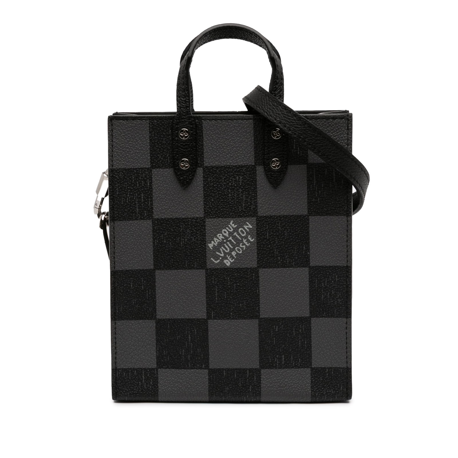 Louis Vuitton Damier Canvas Mini Tote Black Strap: Louis Vuitton Damier Canvas Mini Tote Black Strap This Louis Vuitton Damier Checkerboard Sac Plat XS features a damier canvas body with flat leather handles and a detachable flat leather strap. The ba