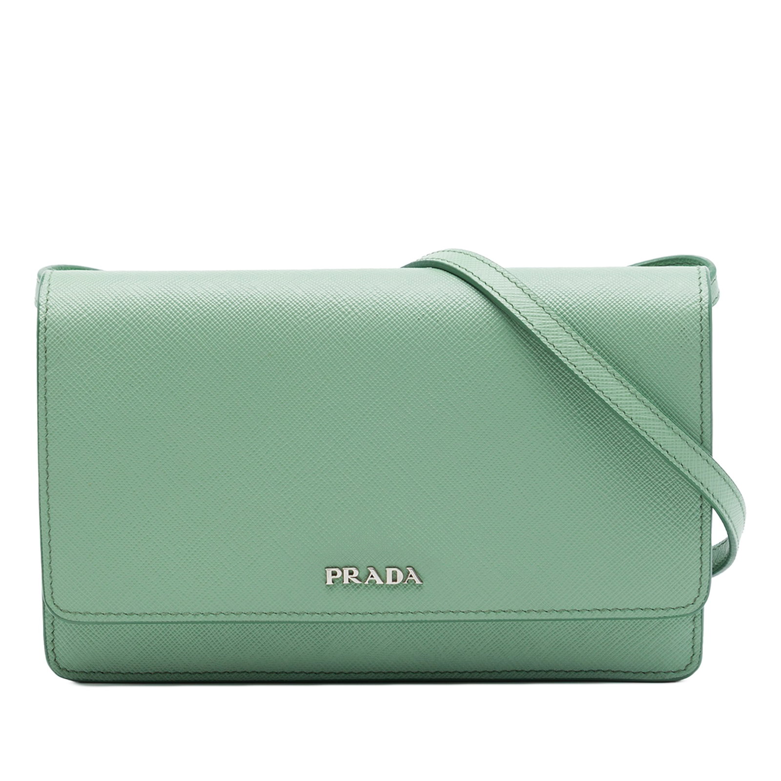 Prada Saffiano Leather Wallet Crossbody Strap Green: Prada Saffiano Leather Wallet Crossbody Strap Green Prada Saffiano Wallet on Strap in green leather with an adjustable strap, front flap with snap button closure, interior zip and slip compartments, a