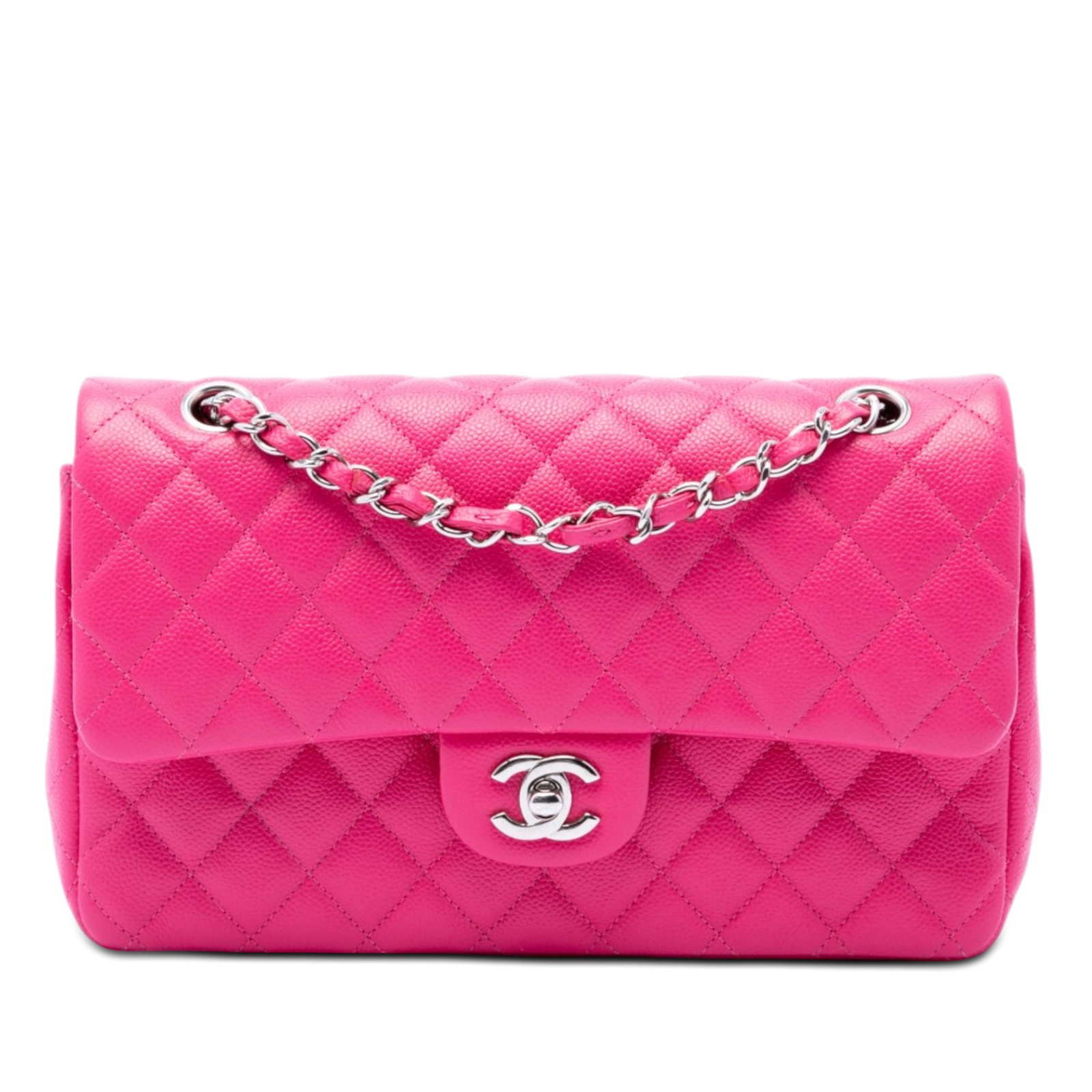 Chanel Medium Classic Double Flap Shoulder Bag Pink Caviar Leather: Chanel Medium Classic Double Flap Shoulder Bag Pink Caviar Leather Chanel Medium Classic Caviar Double Flap shoulder bag in pink quilted caviar leather. It features leather-woven chain straps, double 