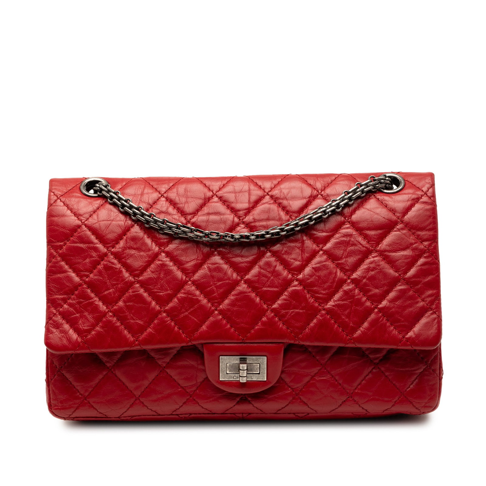 Chanel Reissue 2.55 Double Flap 226 Red Quilted Leather Shoulder Bag: Chanel Reissue 2.55 Double Flap 226 Red Quilted Leather Shoulder Bag This Chanel Quilted Aged Calfskin Reissue 2.55 Double Flap 226 features a quilted leather exterior in red with silver-tone chain li