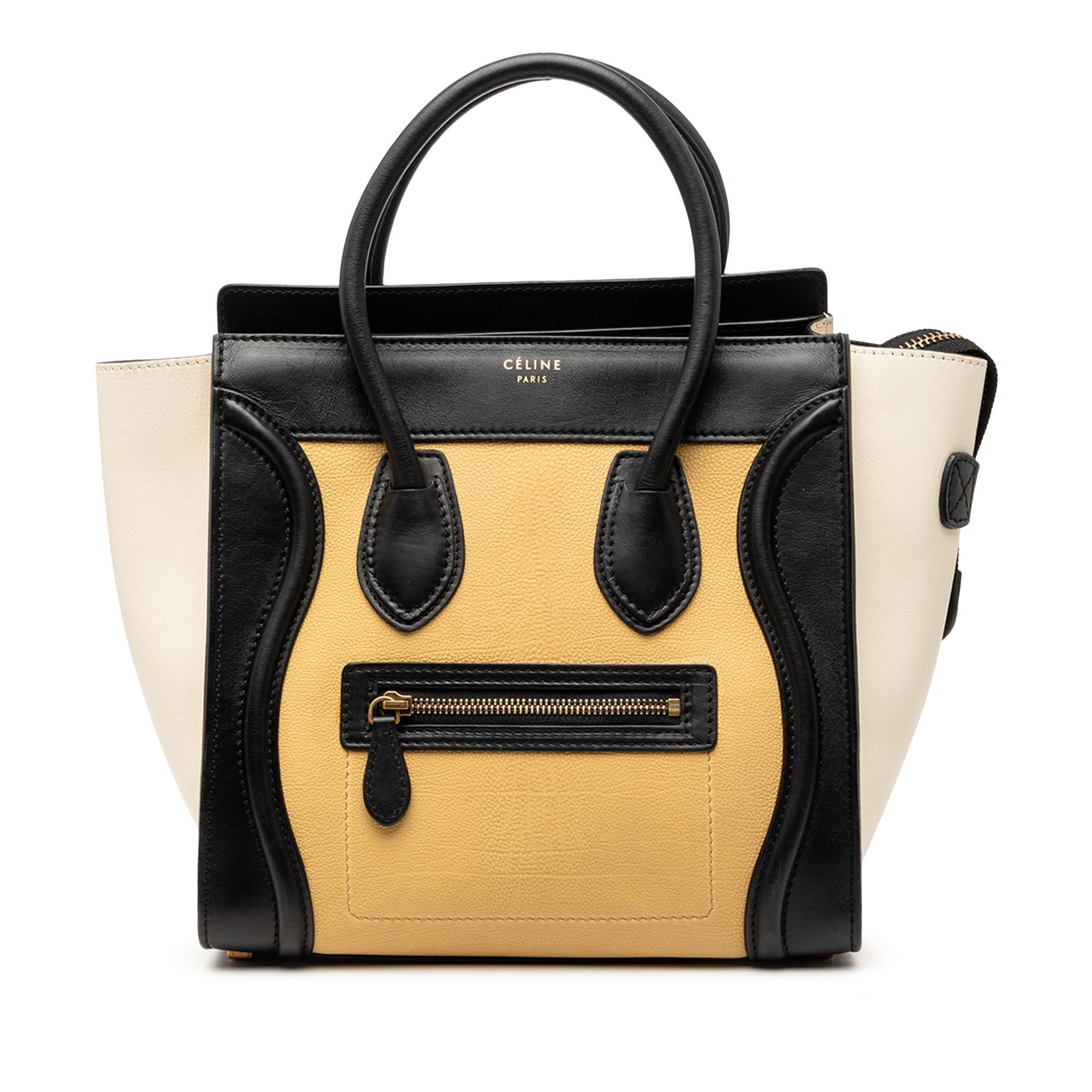 Celine Micro Luggage Tote Yellow Tricolor Leather Handbag Italy: Celine Micro Luggage Tote Yellow Tricolor Leather Handbag Italy This Celine Micro Tricolor Leather Luggage Tote is crafted from leather and features rolled leather handles, a top zip closure, an exter