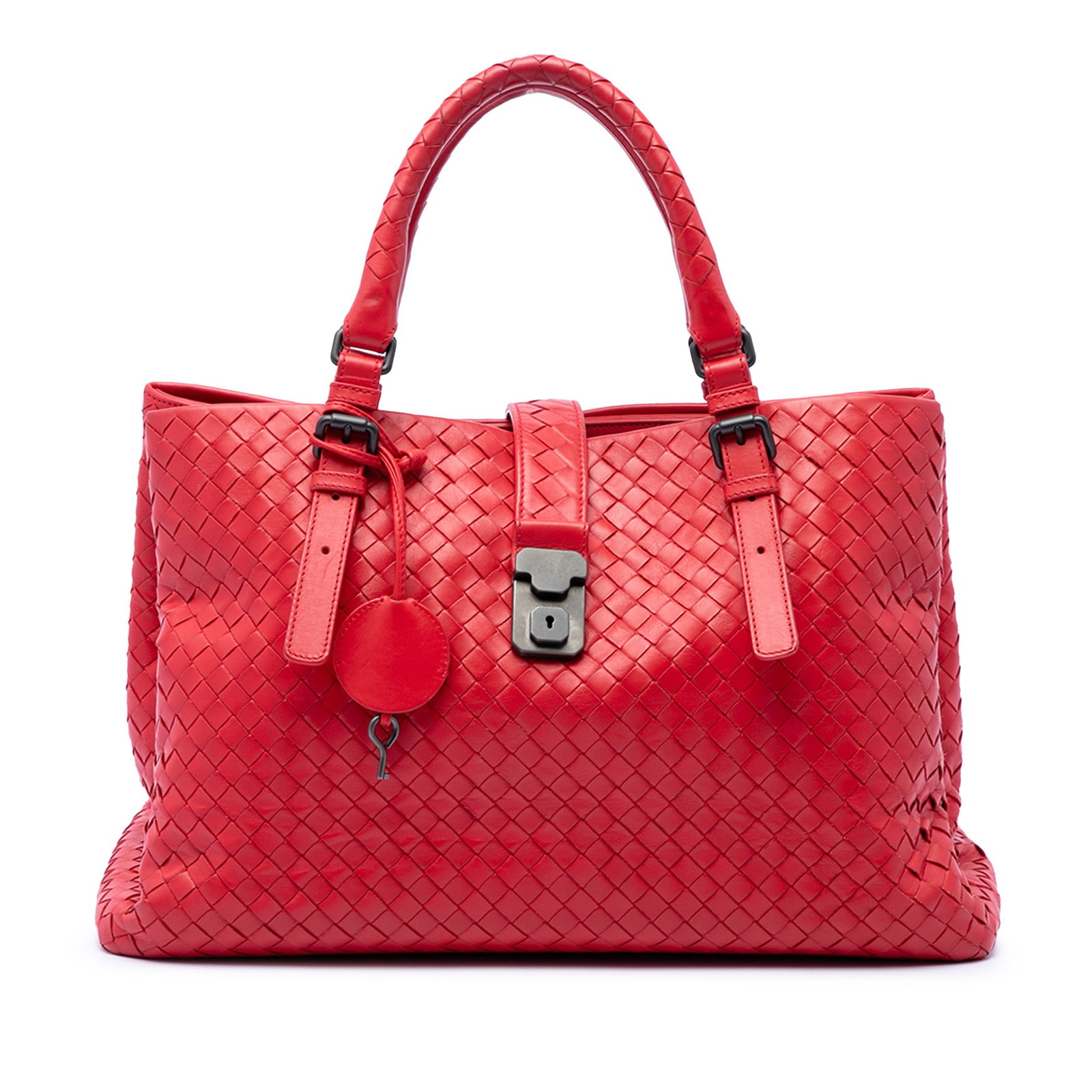 Bottega Veneta Roma Medium Intrecciato Nappa Leather Tote Red: Bottega Veneta Roma Medium Intrecciato Nappa Leather Tote Red Bottega Veneta Medium Roma tote crafted in red woven nappa leather with rolled leather handles and a top strap featuring a push-lock and m