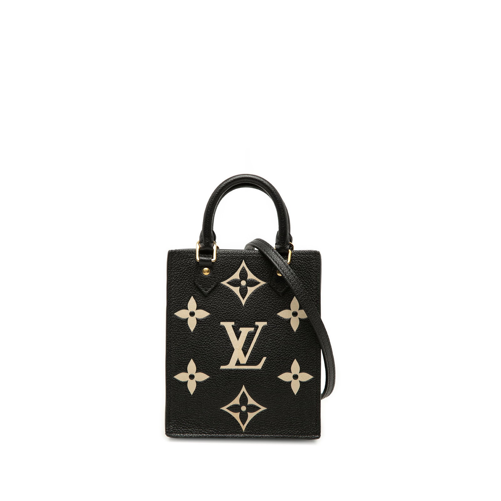 Louis Vuitton Petit Sac Plat bicolor monogram empreinte leather bag: Louis Vuitton Petit Sac Plat bicolor monogram empreinte leather bag Louis Vuitton Petit Sac Plat in bicolor Monogram Empreinte leather with rolled leather handles, a detachable strap, an open top, and