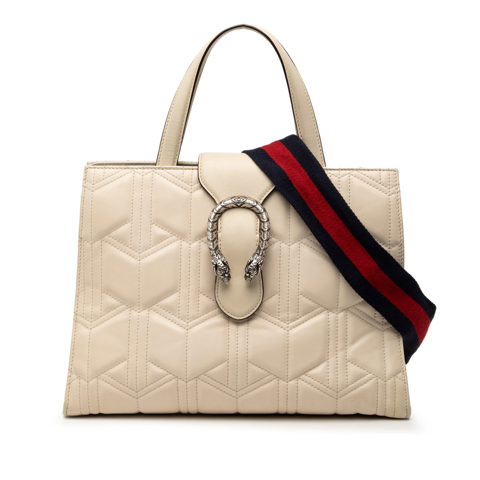 White Leather Dionysus Web Satchel with Quilted Design by Gucci: White Leather Dionysus Web Satchel with Quilted Design by Gucci This Gucci Dionysus Web Satchel is crafted in white quilted leather and features flat leather top handles and a detachable web shoulder 
