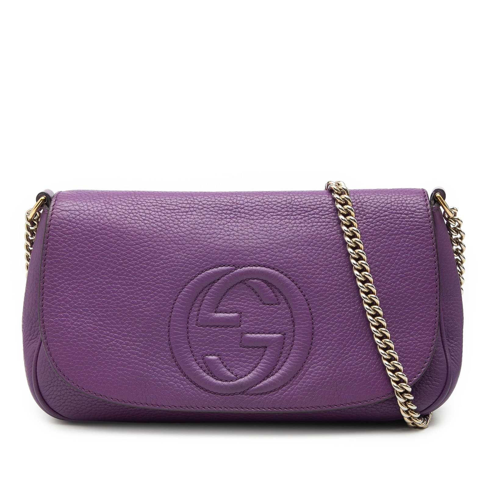 Gucci Soho chain flap crossbody bag in purple calfskin: Gucci Soho chain flap crossbody bag in purple calfskin This Gucci Medium Calfskin Soho Chain Flap Crossbody bag is crafted from purple leather and features a chain link shoulder strap, a front flap wi