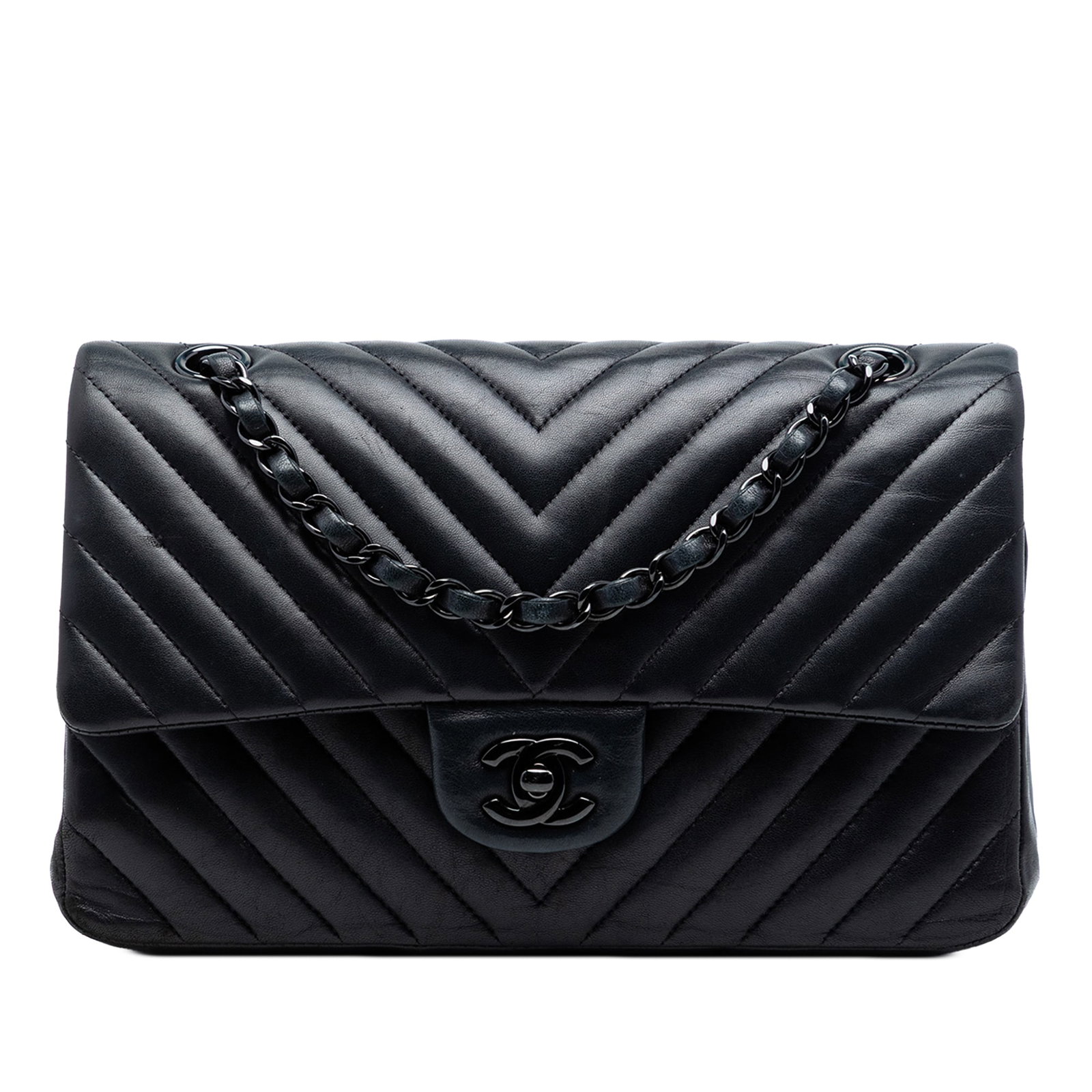 Chanel So Black Medium Chevron Lambskin Double Flap Shoulder Bag: Chanel So Black Medium Chevron Lambskin Double Flap Shoulder Bag This Chanel Medium Classic Chevron shoulder bag is crafted from quilted lambskin leather in black. It features a leather-woven chain sh
