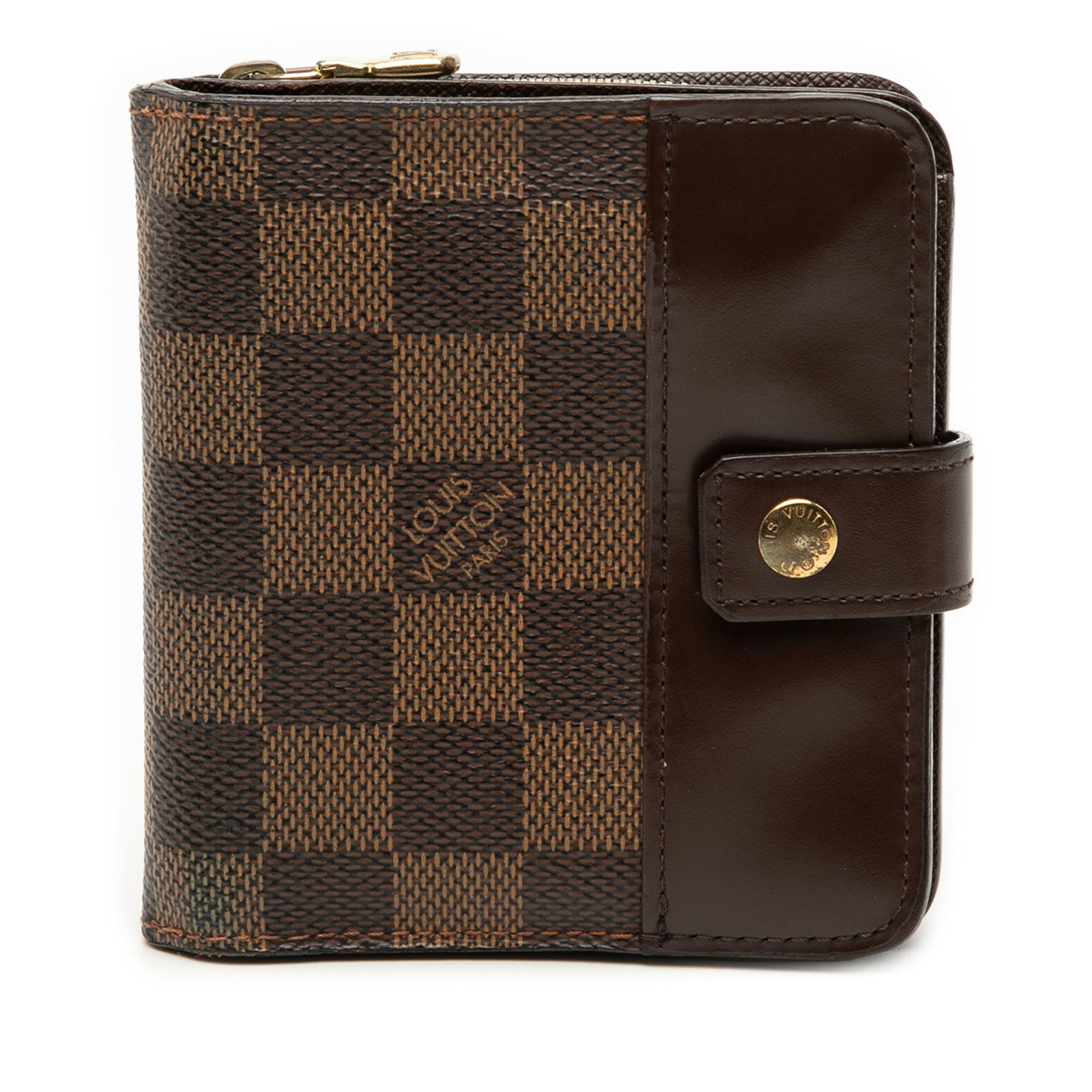 Louis Vuitton Damier Ebene Brown Canvas Zip Wallet with Leather Trim: Louis Vuitton Damier Ebene Brown Canvas Zip Wallet with Leather Trim This Louis Vuitton Damier Ebene Compact Zip Wallet features a signature damier ebene canvas body with leather trim. It is designed 