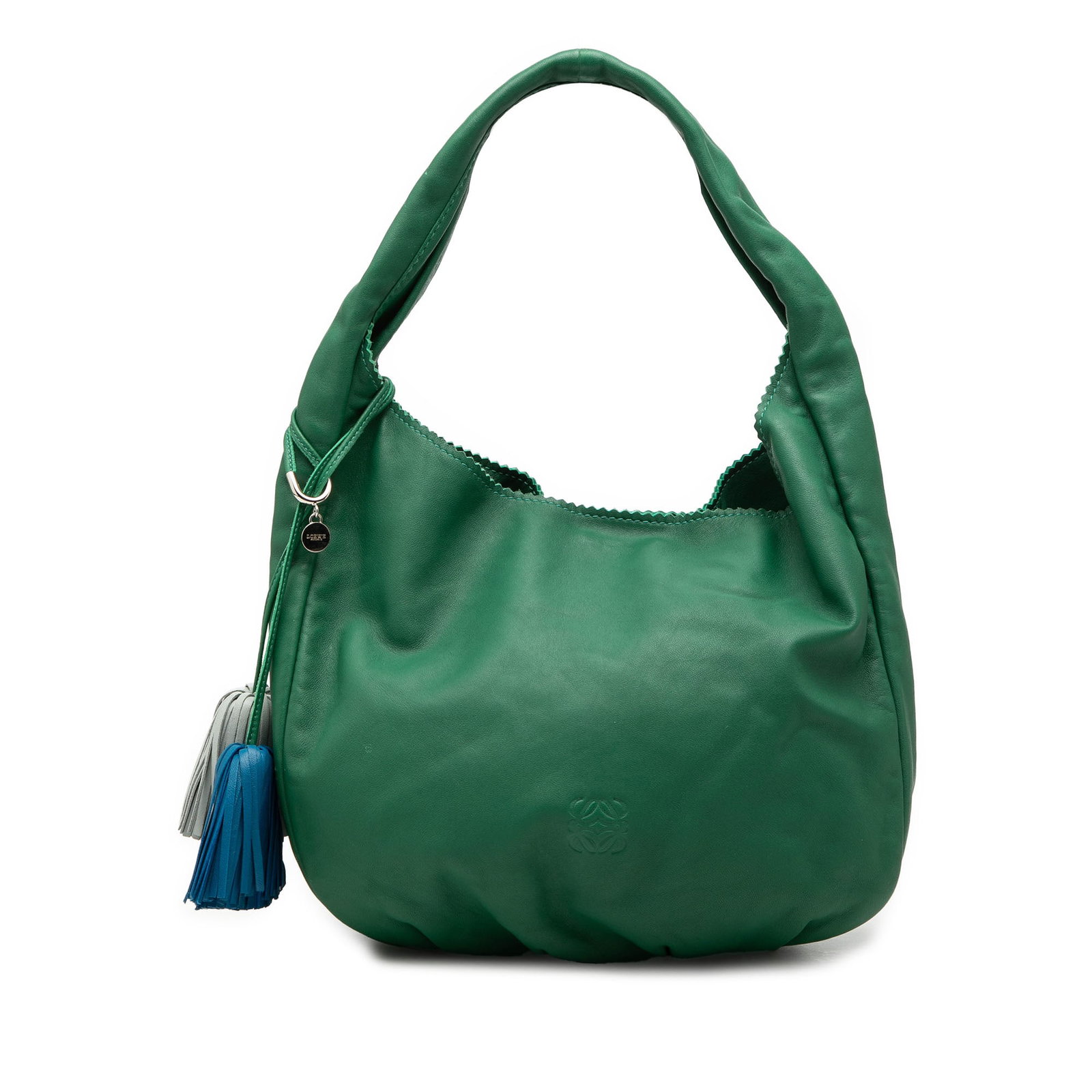 LOEWE green nappa leather hobo bag Anagram Tassel: LOEWE green nappa leather hobo bag Anagram Tassel This LOEWE Nappa Anagram Tassel Hobo bag is crafted from nappa leather in green and features a flat strap, an open top with magnetic snap closure, and