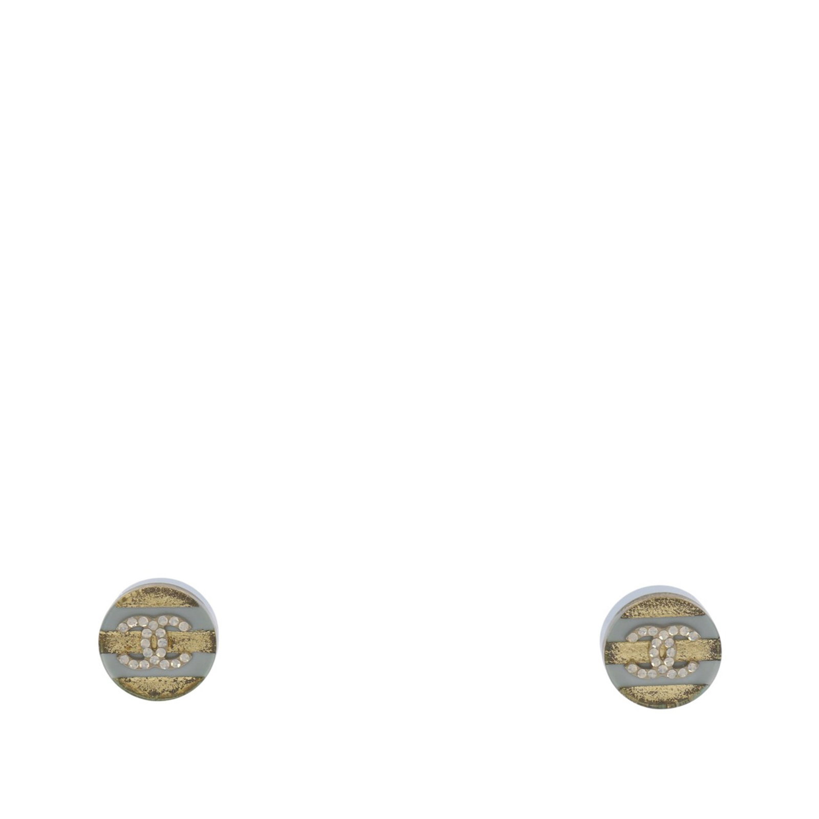 Chanel CC striped resin strass earrings gold tone push back: Chanel CC striped resin strass earrings gold tone push back Pair of Chanel CC striped earrings crafted with gold-tone metal and resin, accented with rhinestone details. They feature push back closures