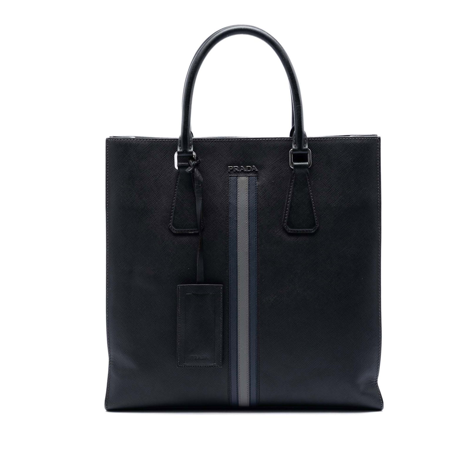 Prada Saffiano Lux Black Leather Tote Bag: Prada Saffiano Lux Black Leather Tote Bag Prada Saffiano Lux Tote in black leather with rolled leather handles and an open-top design. The interior includes a slip compartment along with zip and slip 