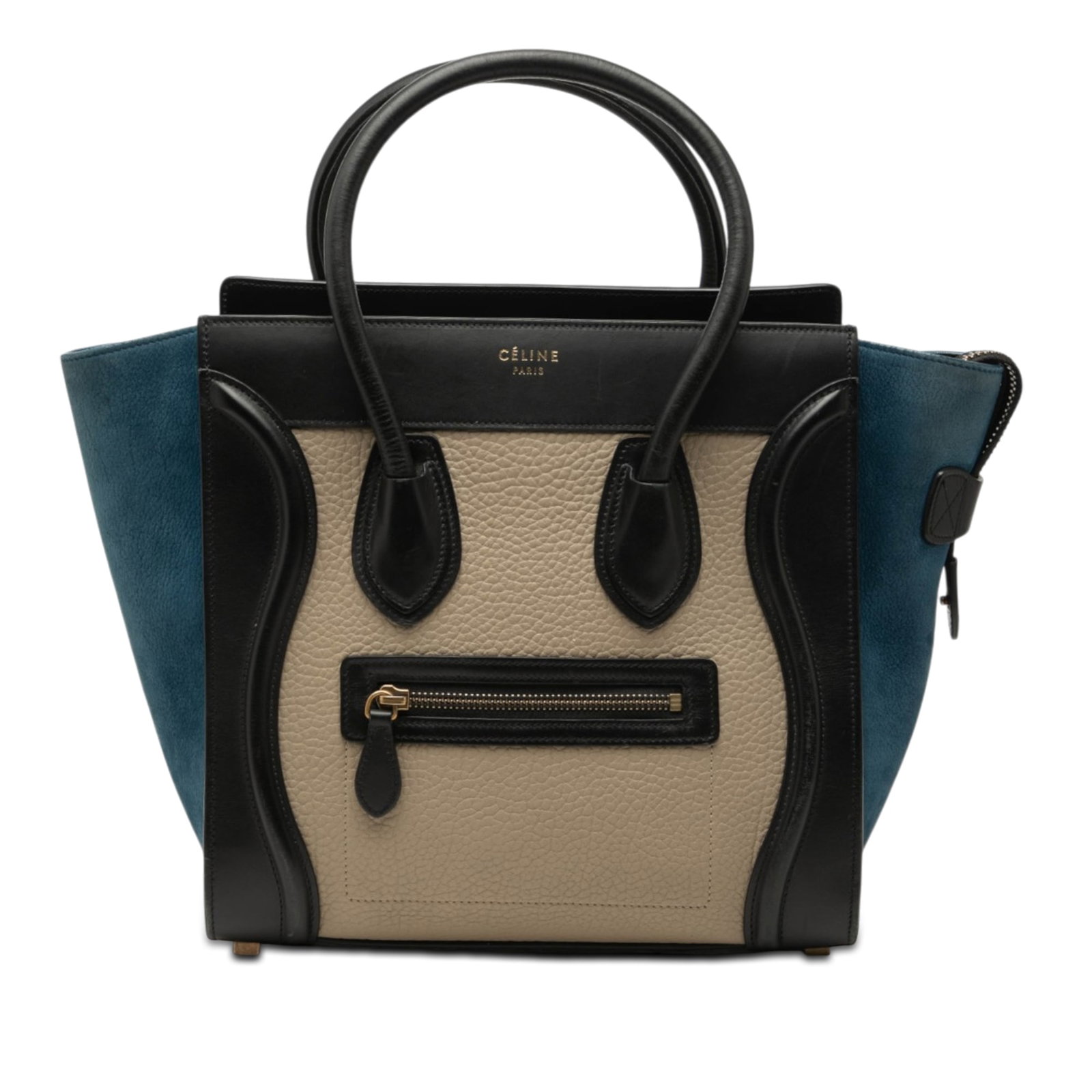 Celine Micro Luggage Tote in Tricolor Calfskin and Nubuck: Celine Micro Luggage Tote in Tricolor Calfskin and Nubuck Celine Micro Tricolor Calfskin and Nubuck Luggage Tote in beige, made in Italy. This bag features a leather body, rolled leather handles, a to