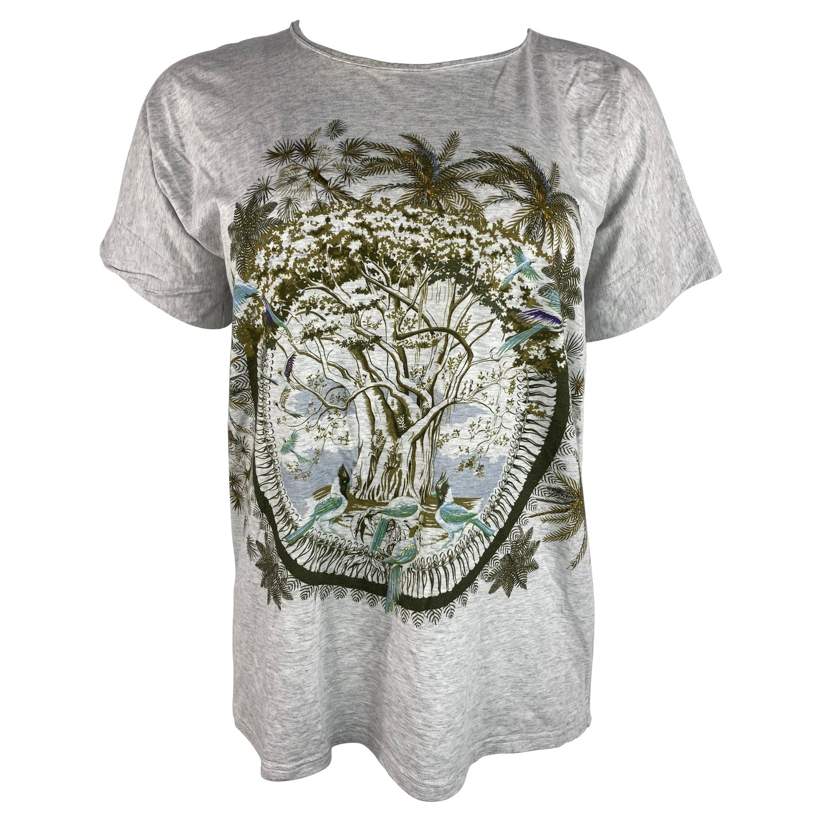 Hermes 36 Grey Cotton T Shirt with Printed Front: Hermes 36 Grey Cotton T Shirt with Printed Front Grey Hermes Paris T-shirt in marked size 36 (EU), made from 100% cotton. It features short sleeves, a crew neckline, and a front print with floral, pal