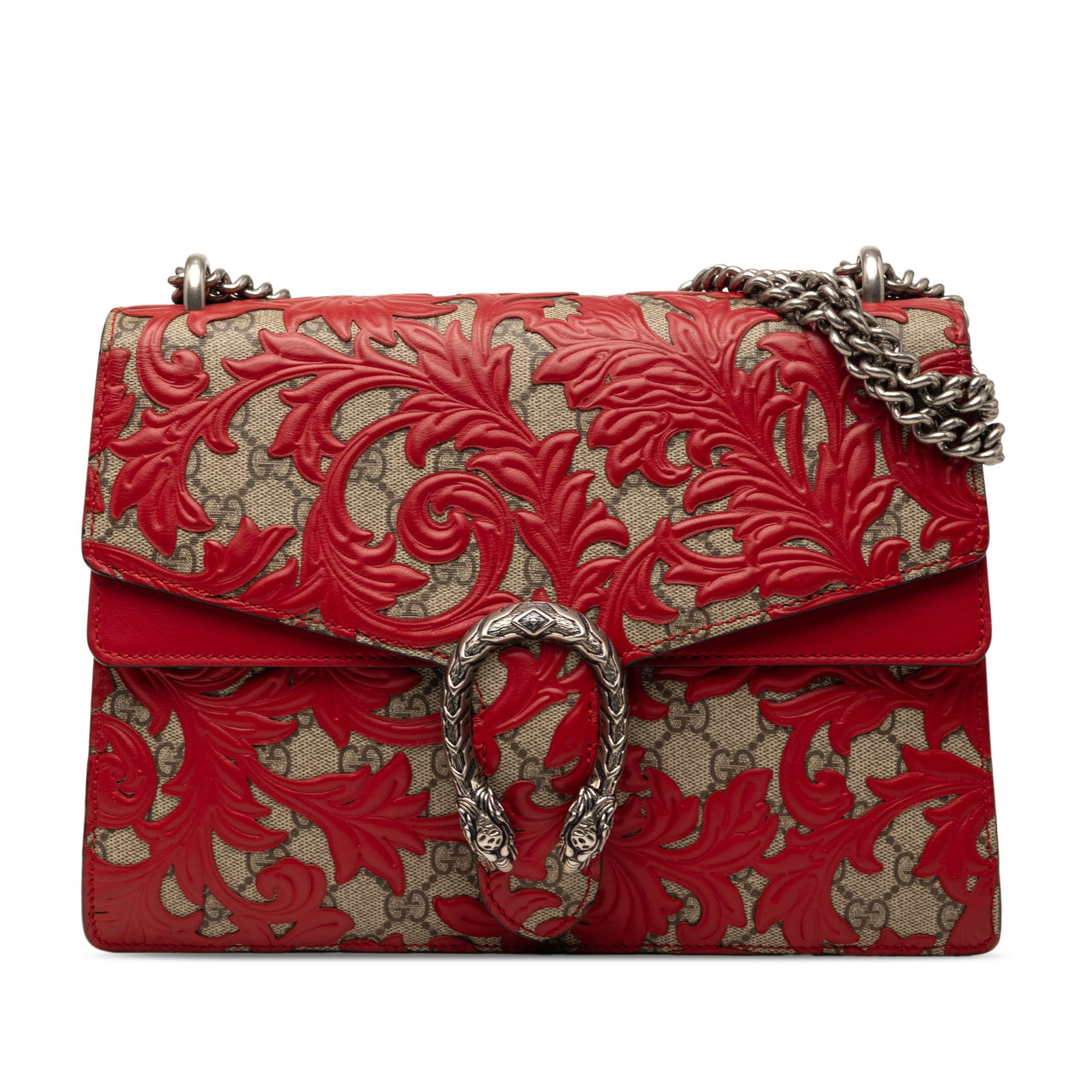 Gucci Dionysus Medium Shoulder Bag GG Supreme Arabesque Red: Gucci Dionysus Medium Shoulder Bag GG Supreme Arabesque Red Gucci Medium GG Supreme Arabesque Dionysus Shoulder Bag in red, made in Italy. The bag features a coated canvas body with floral leather emb