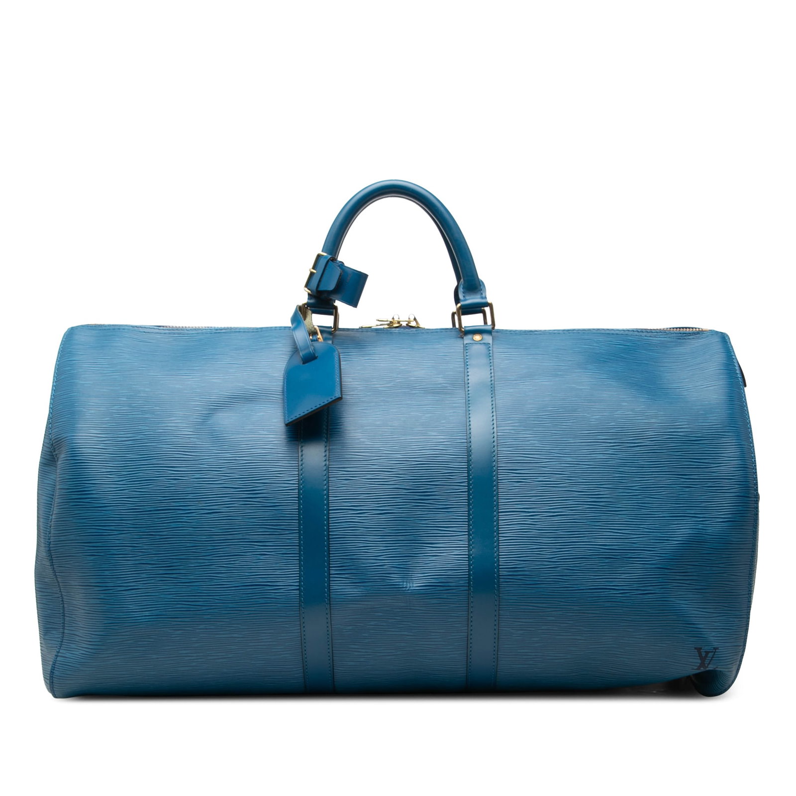 Louis Vuitton Keepall 55 blue Epi leather duffel bag: Louis Vuitton Keepall 55 blue Epi leather duffel bag Louis Vuitton Epi Keepall 55 travel bag crafted in blue Epi leather with rolled handles and a top zip closure. Made in France. Condition is B+ with