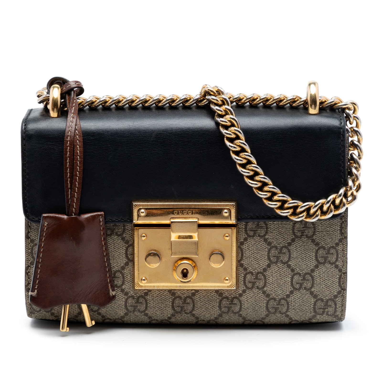 Gucci Padlock Small GG Supreme Crossbody Bag Beige: Gucci Padlock Small GG Supreme Crossbody Bag Beige Gucci Small GG Supreme Padlock Crossbody bag with a coated canvas body, chain link strap, and front flap with S-lock closure. The design includes an 