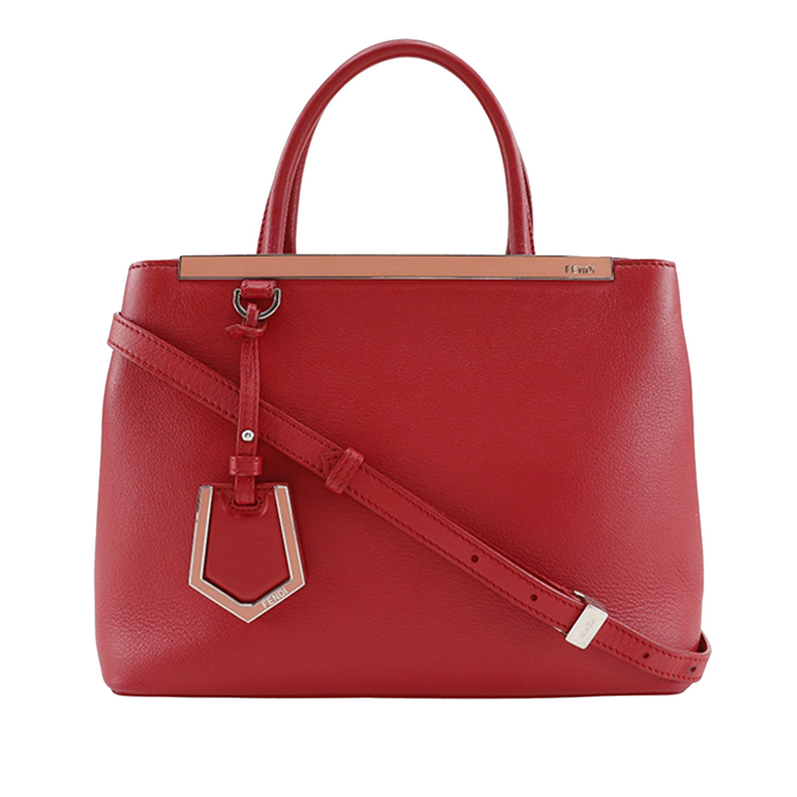 Fendi Petite 2Jours Red Leather Top Handle Bag With Strap: Fendi Petite 2Jours Red Leather Top Handle Bag With Strap The Fendi Petite 2Jours is crafted with a red leather exterior and features rolled leather handles, a detachable flat strap, and an open top s