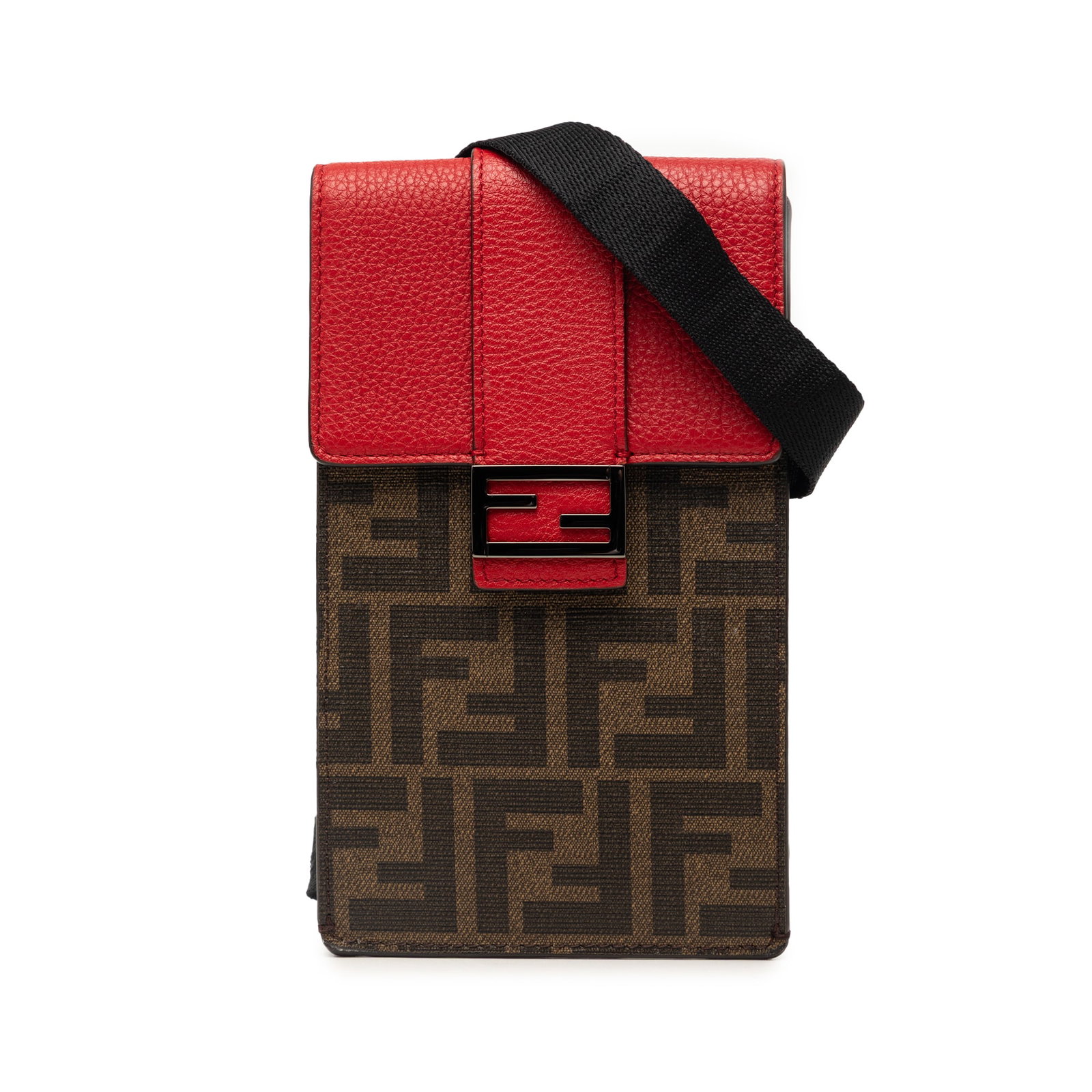 Fendi Zucca Phone Holder Crossbody in Coated Canvas: Fendi Zucca Phone Holder Crossbody in Coated Canvas Fendi Zucca coated canvas phone holder crossbody bag with an adjustable flat strap and a front leather flap secured by a magnetic snap closure. Incl