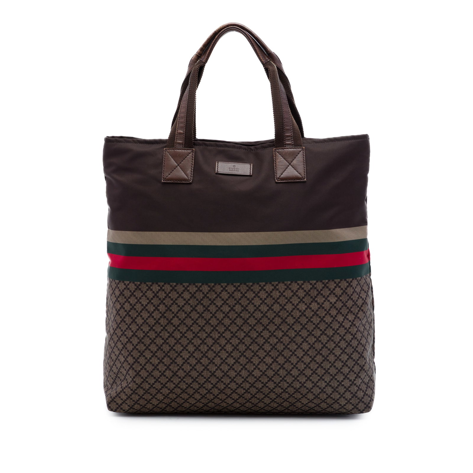 Gucci Diamante Web Nylon Zip Tote Bag Brown: Gucci Diamante Web Nylon Zip Tote Bag Brown Gucci Diamante Nylon Web Tote with a printed nylon body, flat handles, top zip closure, and interior zip and slip pockets. Made in Italy. Condition AB with 