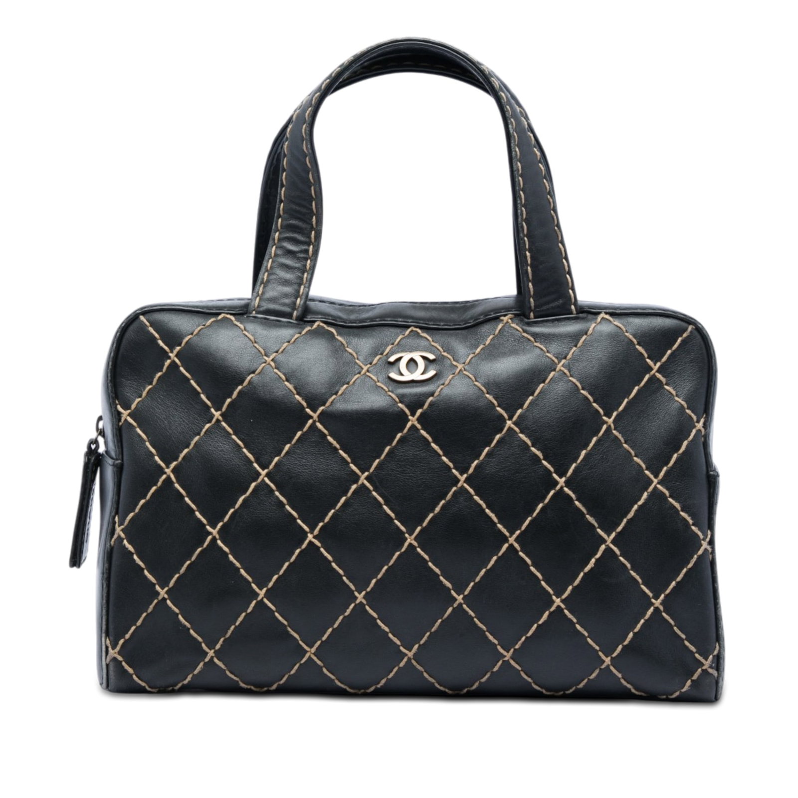 Chanel Wild Stitch CC Calfskin Leather Zip Top Bag: Chanel Wild Stitch CC Calfskin Leather Zip Top Bag Chanel CC Calfskin Wild Stitch handbag in black leather with a quilted body, flat leather handles, and a top zip closure. The bag includes an exterio