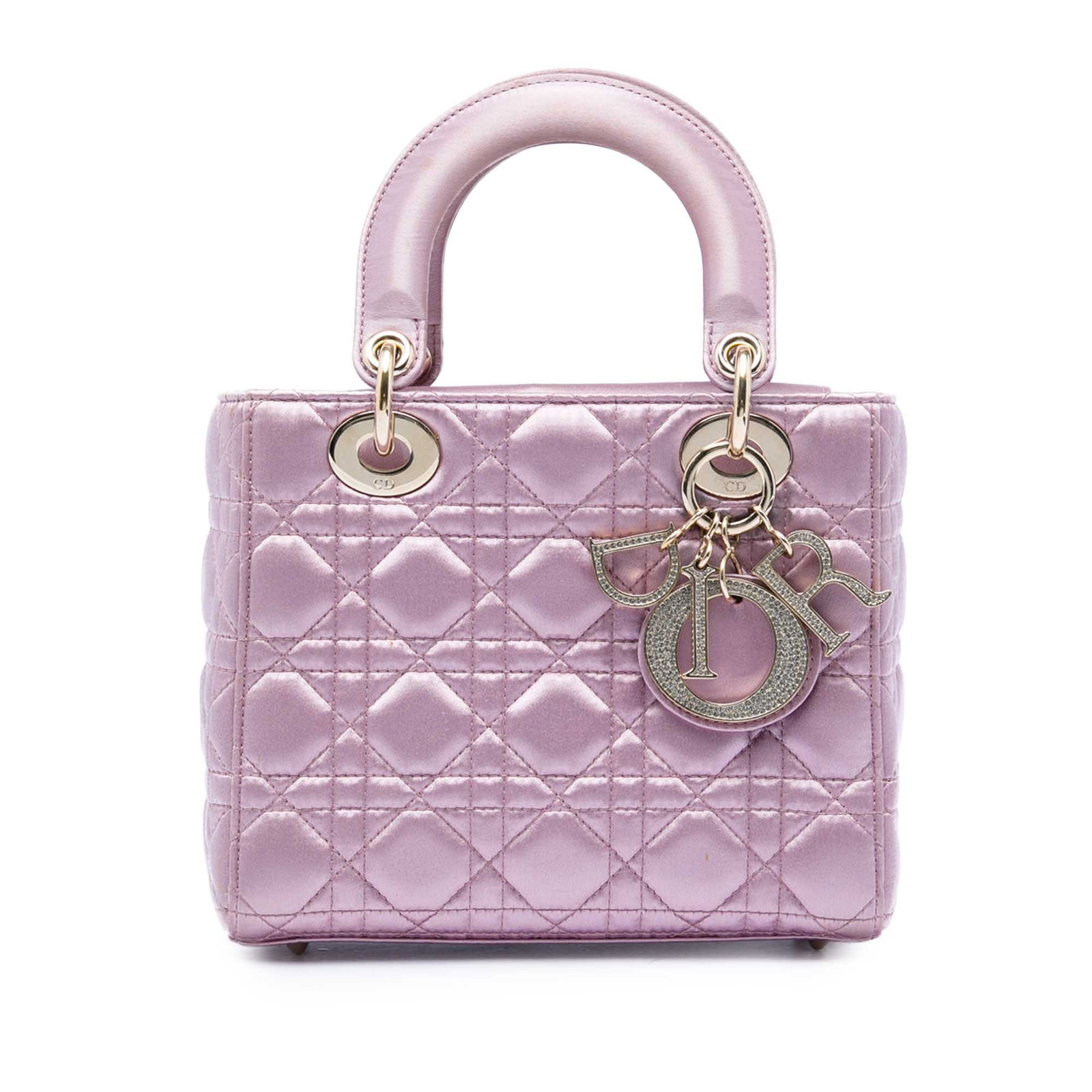 Dior Lady Dior Small Pink Satin Cannage Swarovski Handbag: Dior Lady Dior Small Pink Satin Cannage Swarovski Handbag Small Lady Dior handbag in pink satin with Cannage quilting and Swarovski embellishment. It features flat leather handles, a fold-in flap clos