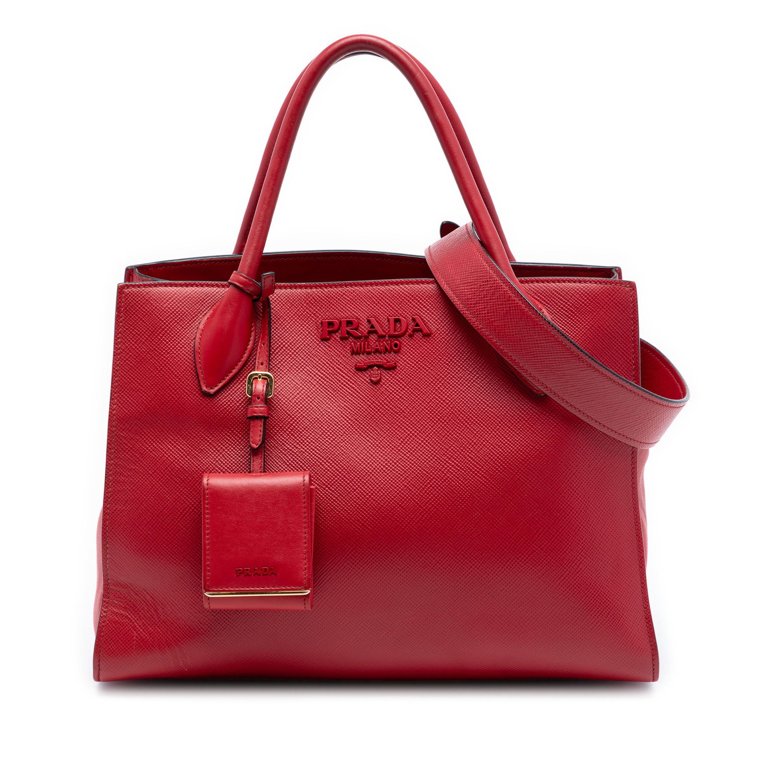 Prada Saffiano Leather Medium Red Satchel with Detachable Strap: Prada Saffiano Leather Medium Red Satchel with Detachable Strap This Prada Medium Saffiano Cuir Monochrome Top Handle Tote features a red leather body with rolled leather handles, a detachable flat le