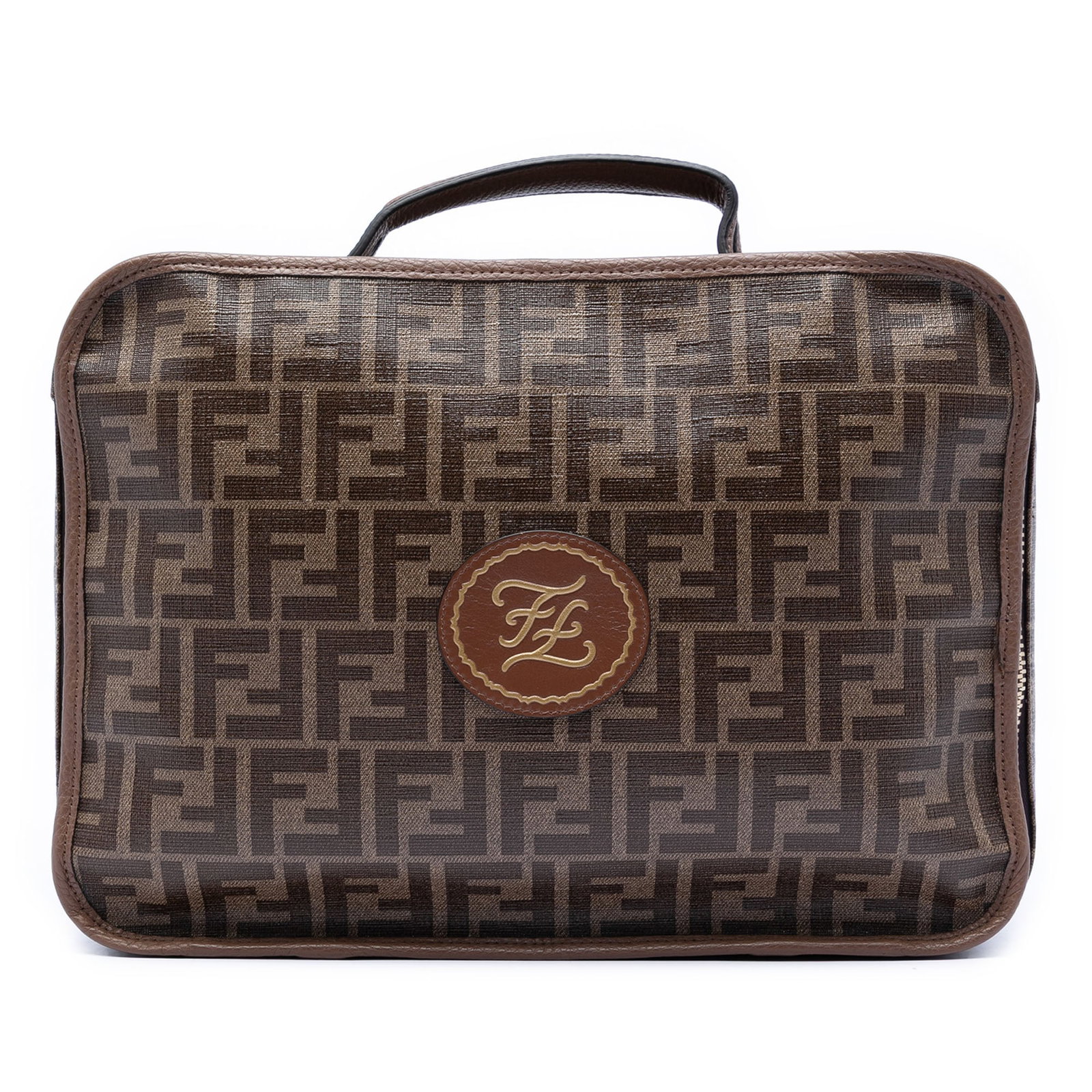 Fendi Karligraphy Zucca Pattern Brown Coated Canvas Travel Bag with Leather Trim: Fendi Karligraphy Zucca Pattern Brown Coated Canvas Travel Bag with Leather Trim This Fendi Zucca Karligraphy travel bag features a coated canvas body with leather trim, a flat leather handle, and a z