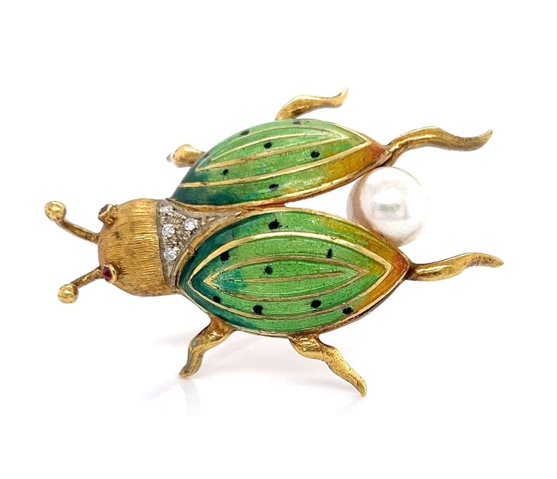 Vintage 18k Yellow Gold Beetle Brooch with Pearl Diamond Ruby Enamel (1 of 7)