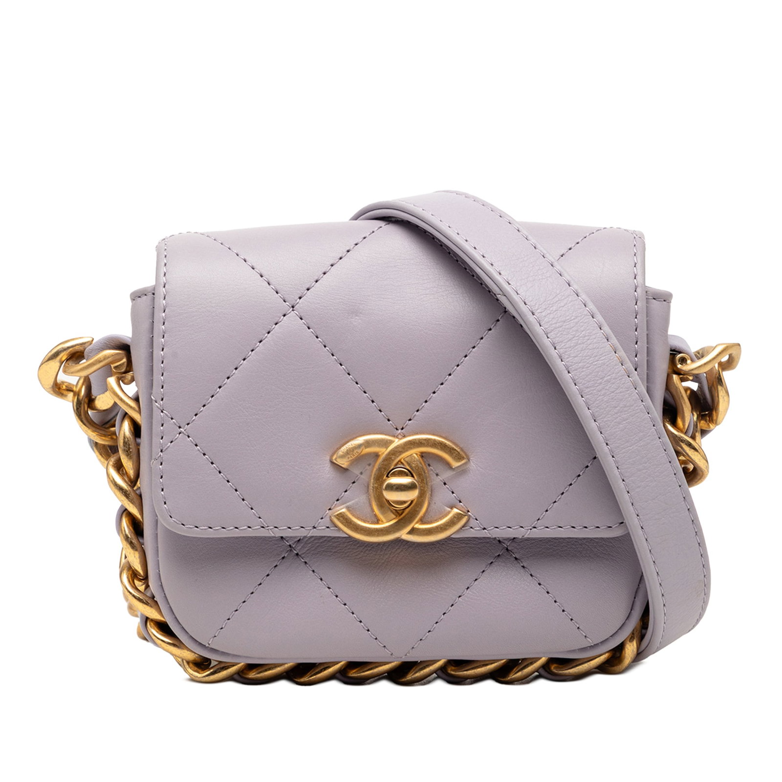 Chanel Mini Framing Chain Flap Quilted Purple Calfskin Crossbody: Chanel Mini Framing Chain Flap Quilted Purple Calfskin Crossbody Mini quilted calfskin crossbody bag with a leather-woven chain strap, front flap, CC turn-lock closure, and an interior slip pocket. Th