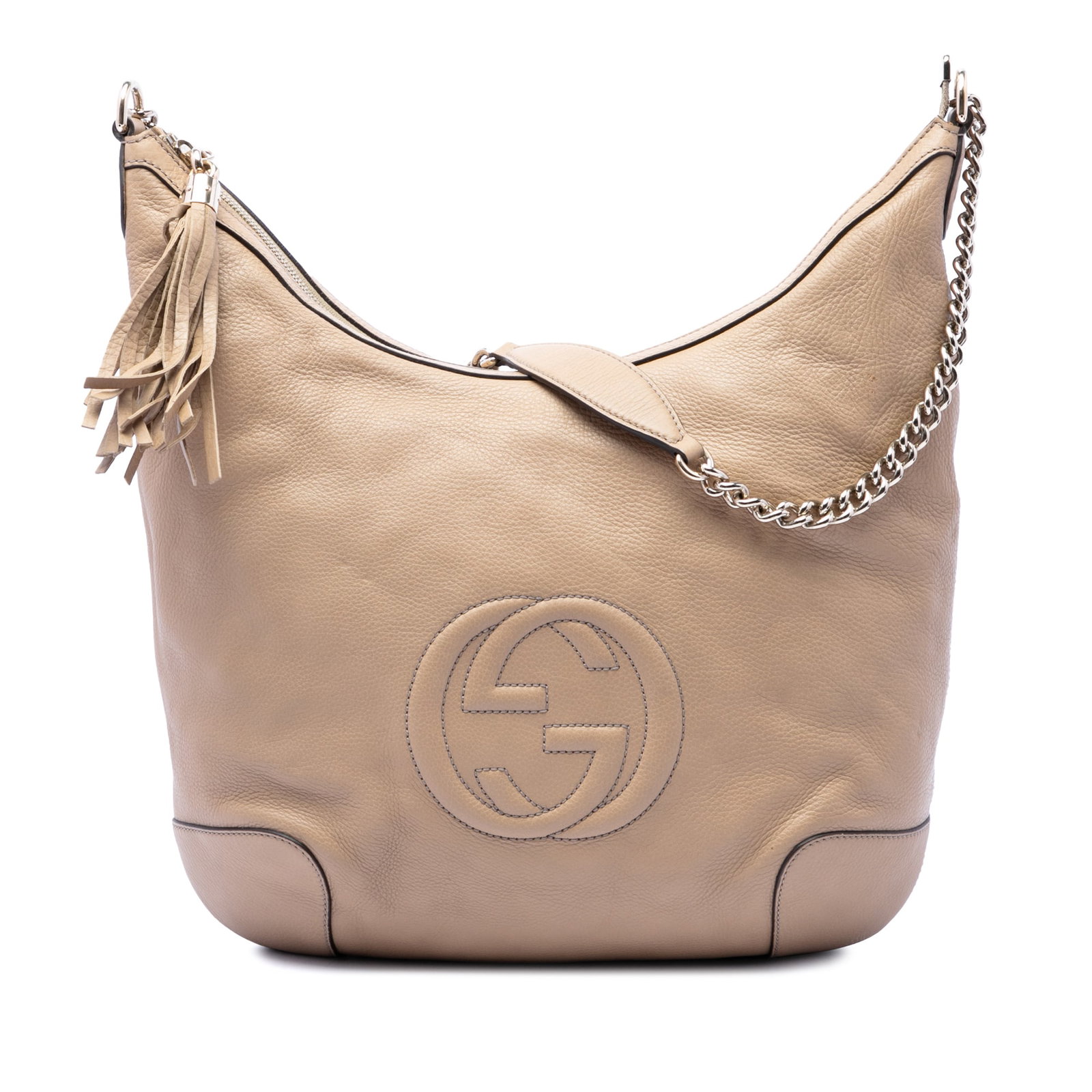 Gucci Soho Chain Shoulder Bag Brown Calfskin Leather: Gucci Soho Chain Shoulder Bag Brown Calfskin Leather Gucci Soho chain shoulder bag crafted in calfskin leather with a zip-top closure and tassel detail. The design includes a chain shoulder strap with