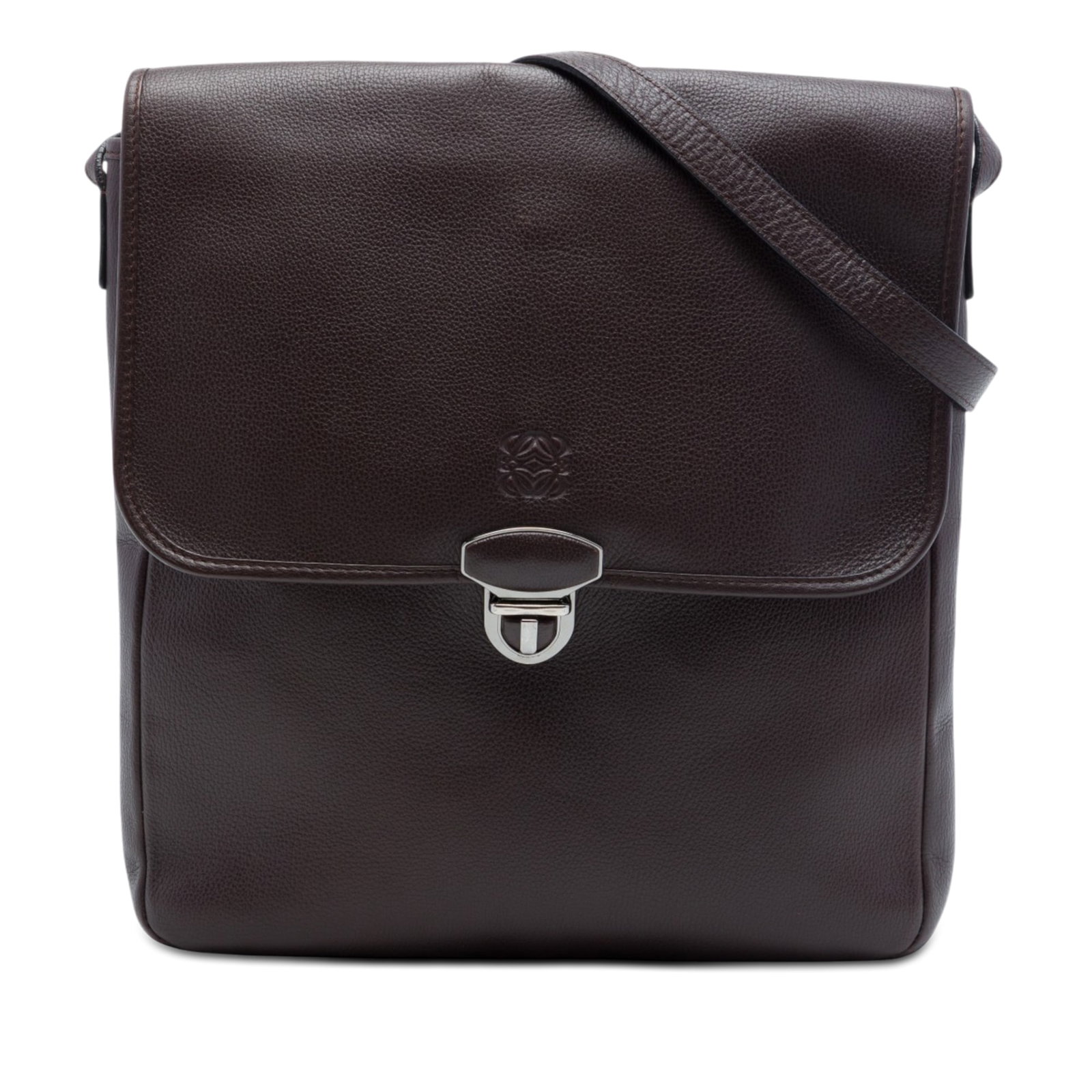 LOEWE Anagram Leather Crossbody Bag with Flap Brown: LOEWE Anagram Leather Crossbody Bag with Flap Brown LOEWE Leather Anagram Flap Crossbody in brown leather with an adjustable flat strap, front flap with push lock closure, and an exterior back slip po